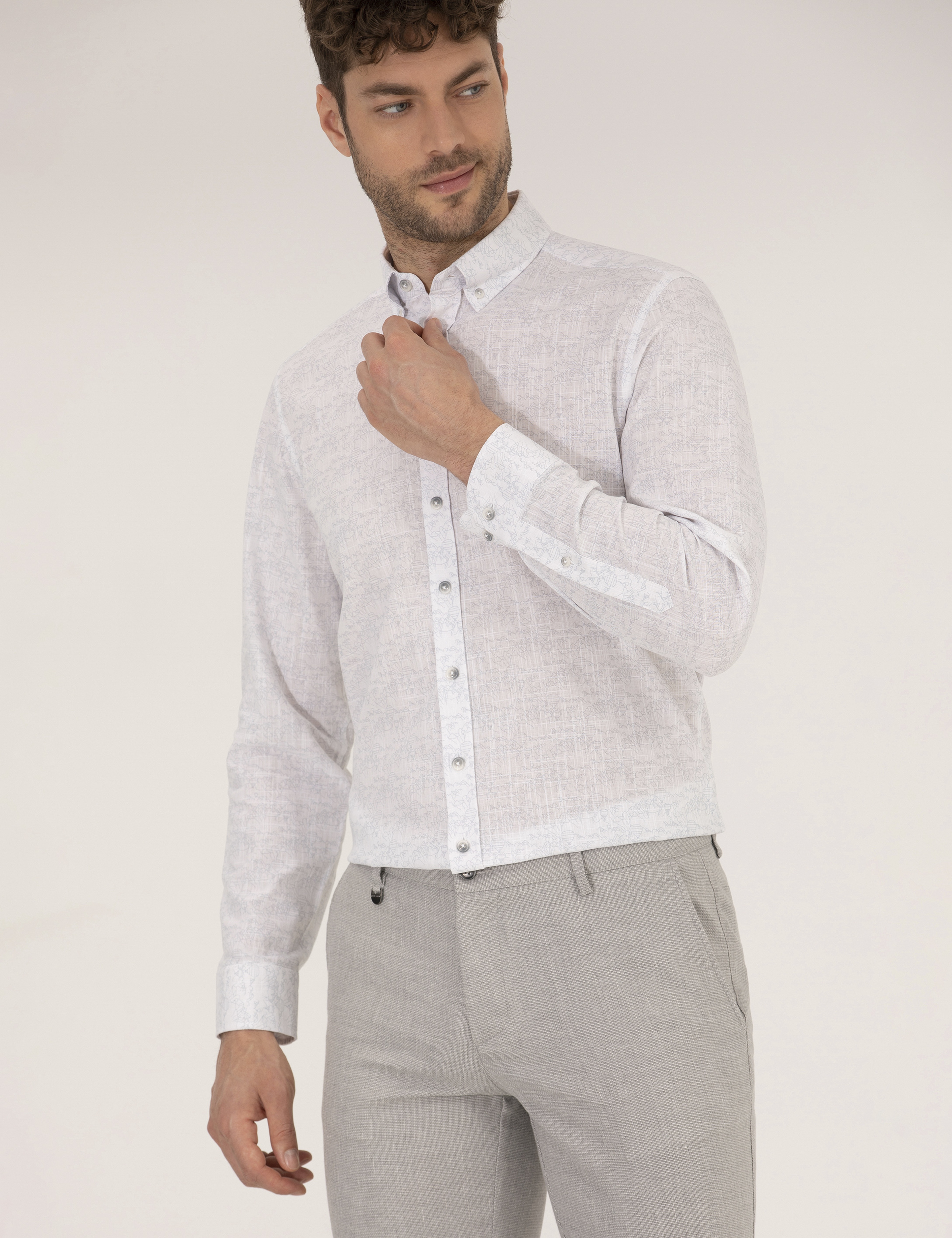 Açık Gri Slim Fit Uzun Kollu Gömlek - Image 2