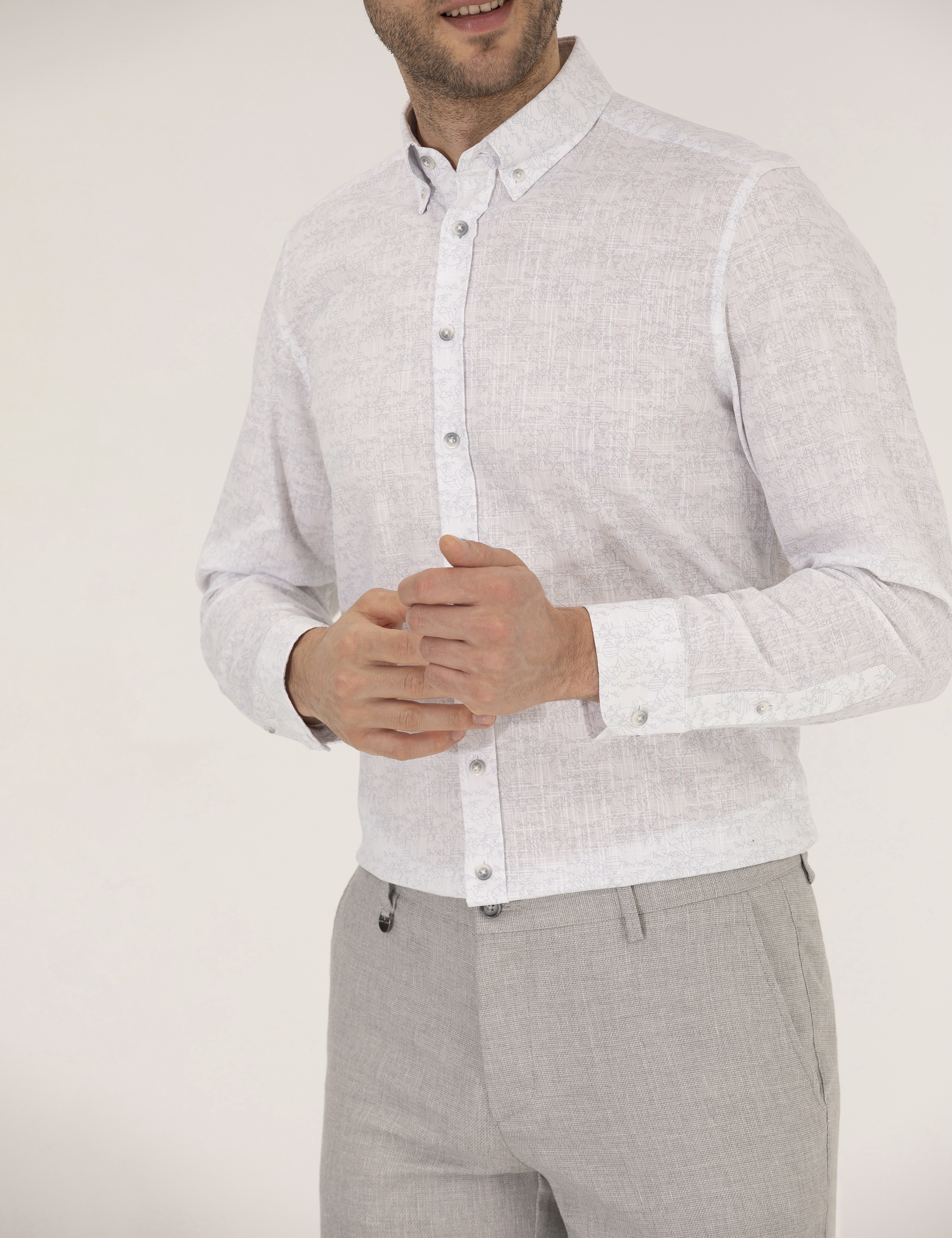 Açık Gri Slim Fit Uzun Kollu Gömlek - Image 6