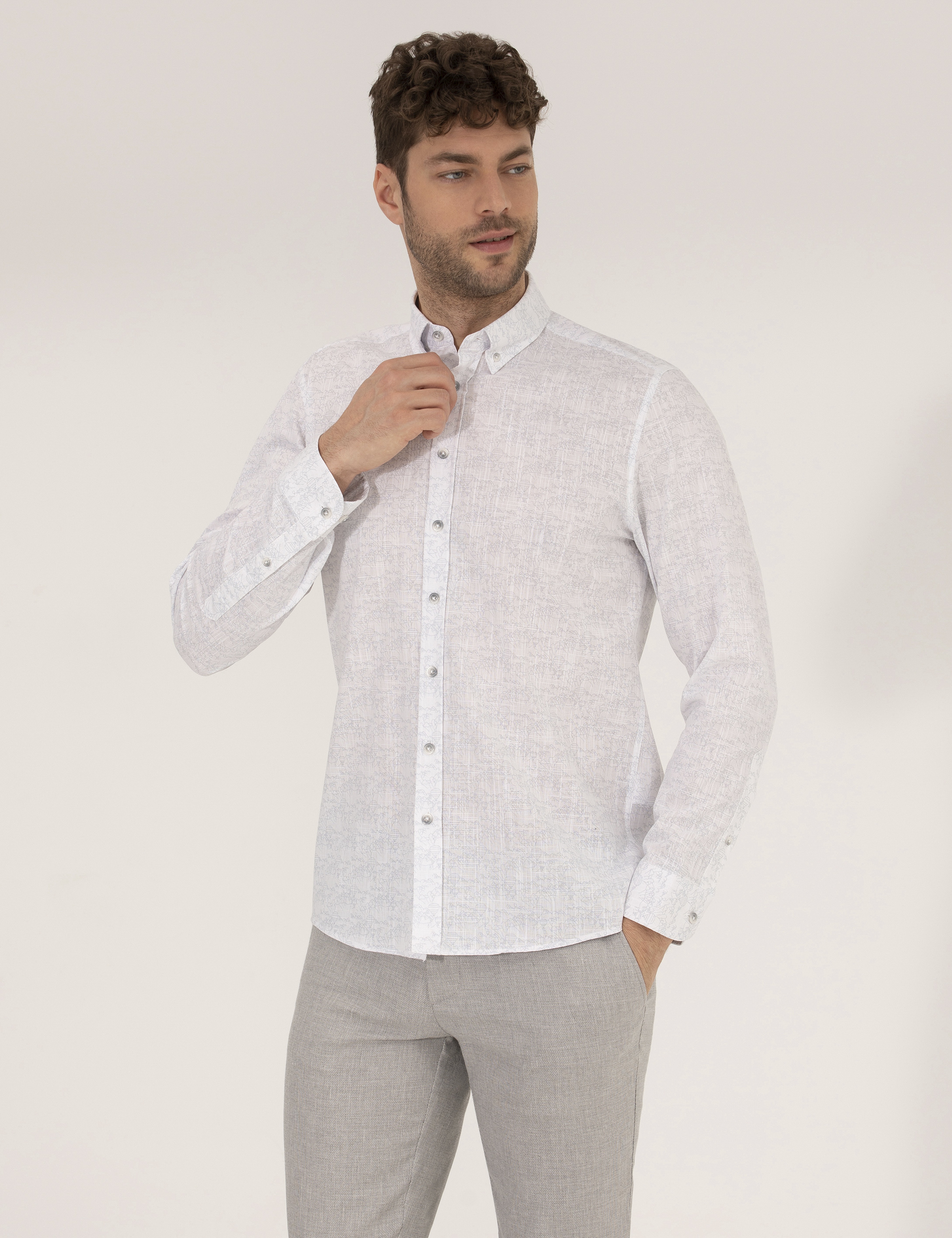 Açık Gri Slim Fit Uzun Kollu Gömlek - Image 1