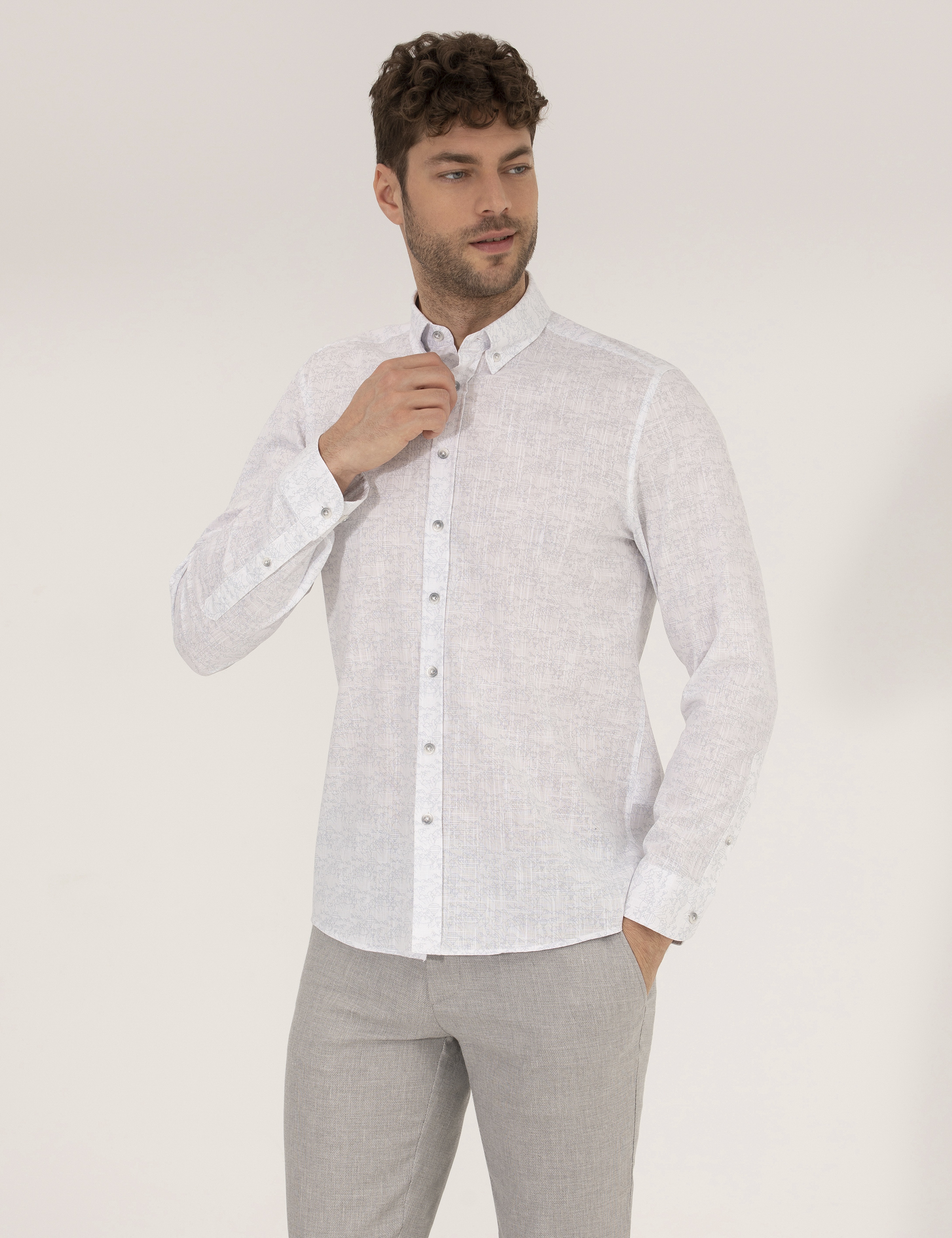 Açık Gri Slim Fit Uzun Kollu Gömlek
