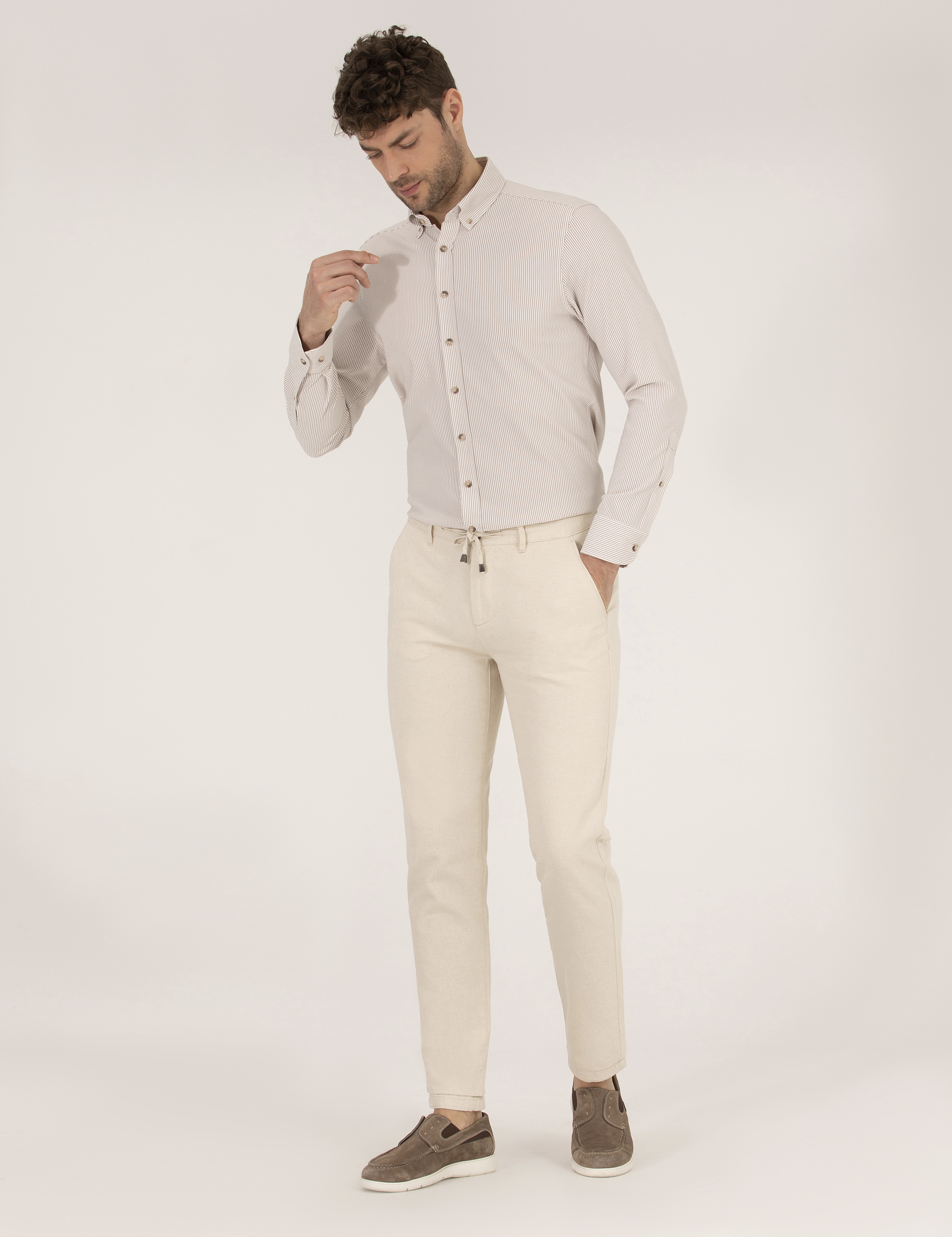 Bej Slim Fit Uzun Kollu Gömlek - Image 4
