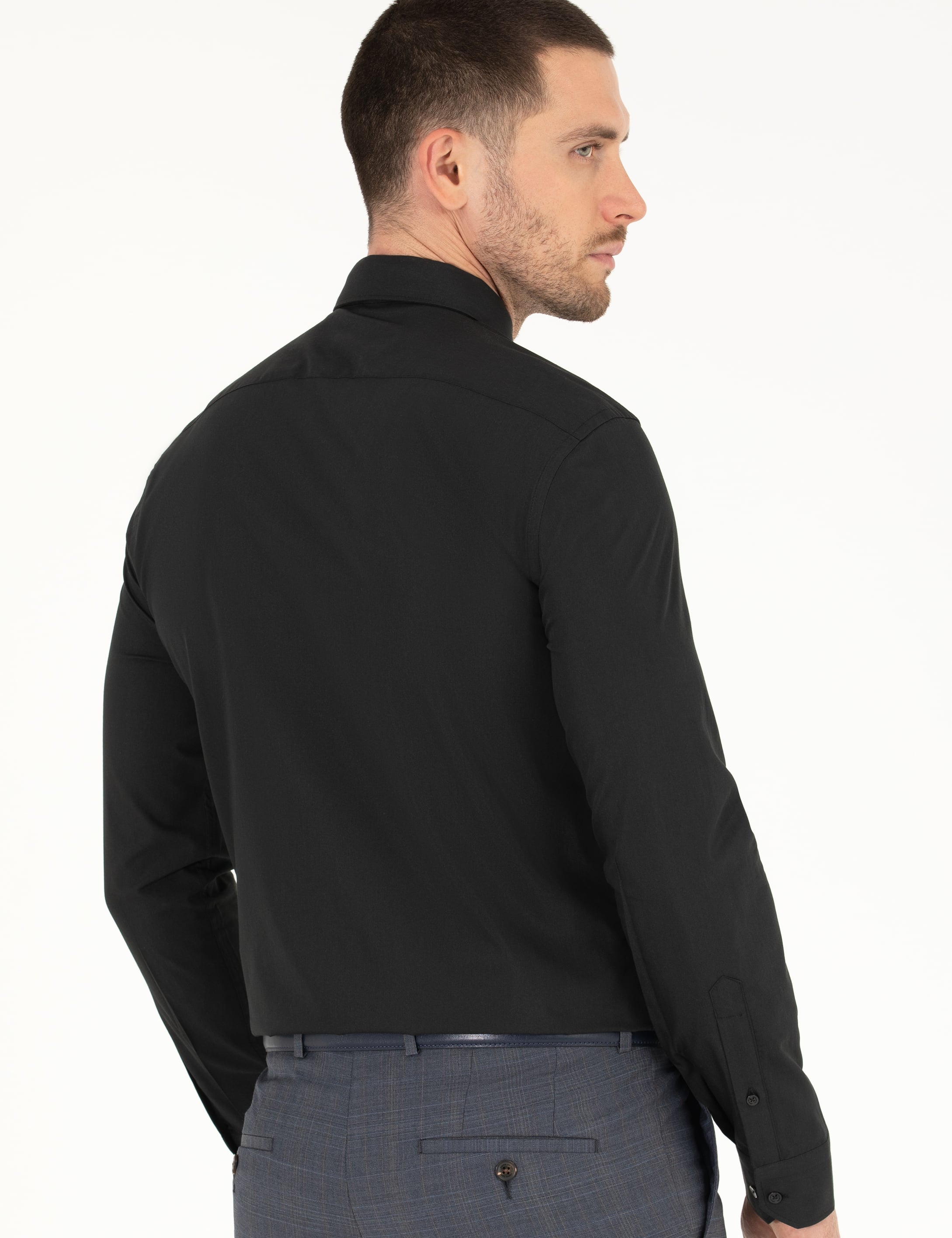 Siyah Slim Fit Uzun Kollu Klasik Gömlek - Image 5