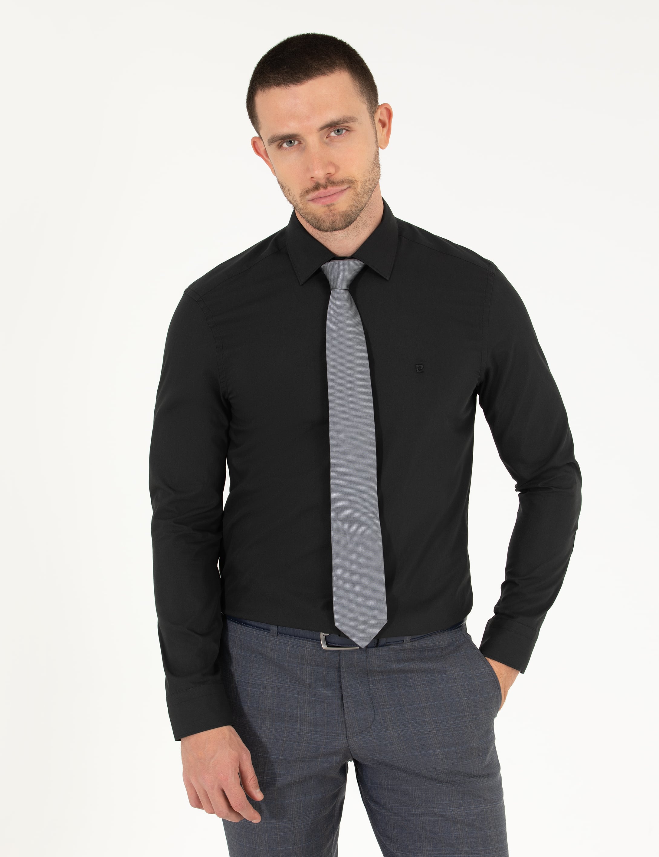 Siyah Slim Fit Uzun Kollu Klasik Gömlek - Image 1