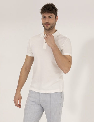 Beyaz Slim Fit %100 Pamuk Düğmeli Polo Yaka Merserize Basic Tişört