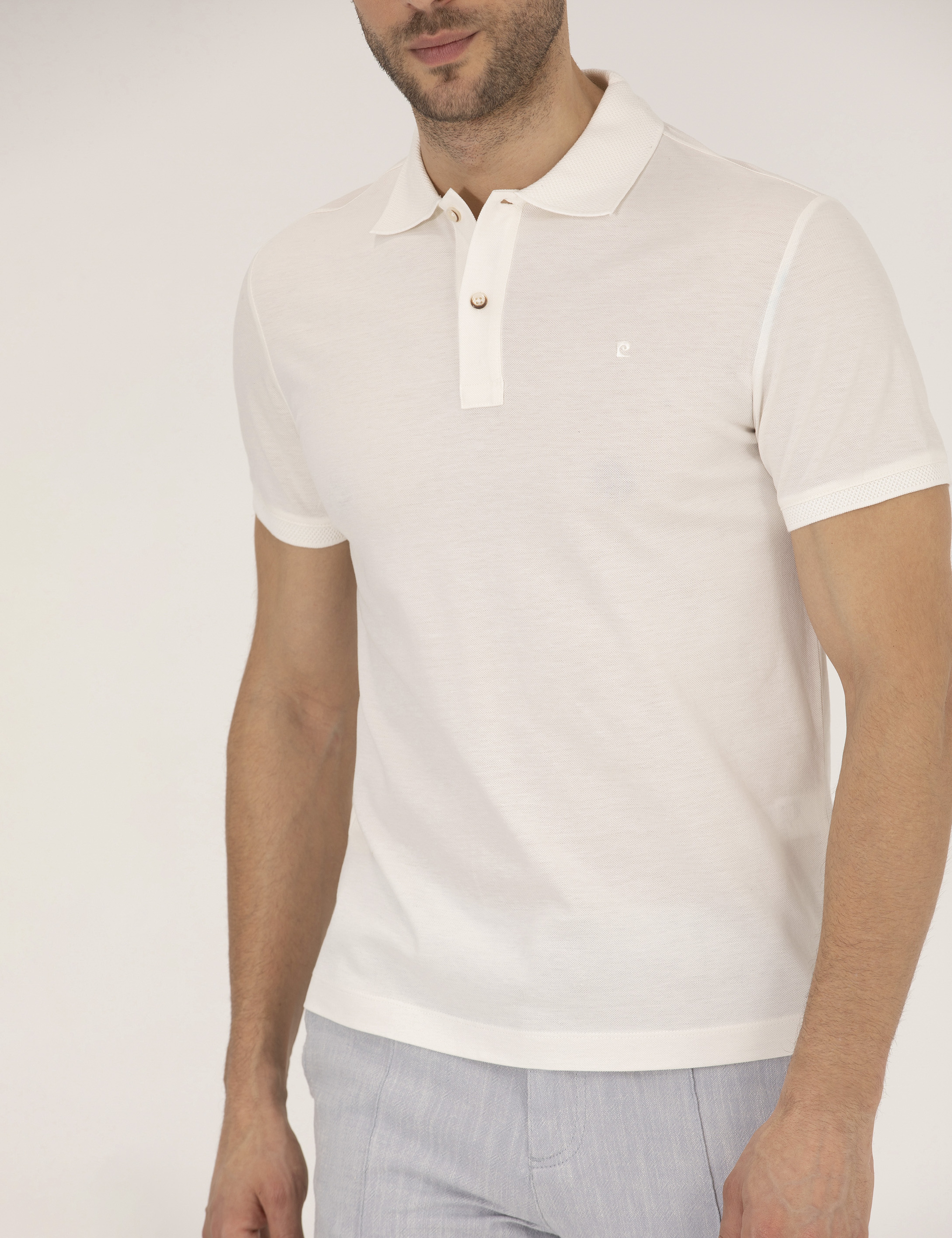 Beyaz Slim Fit Polo Yaka Merserize Tişört - Image 6