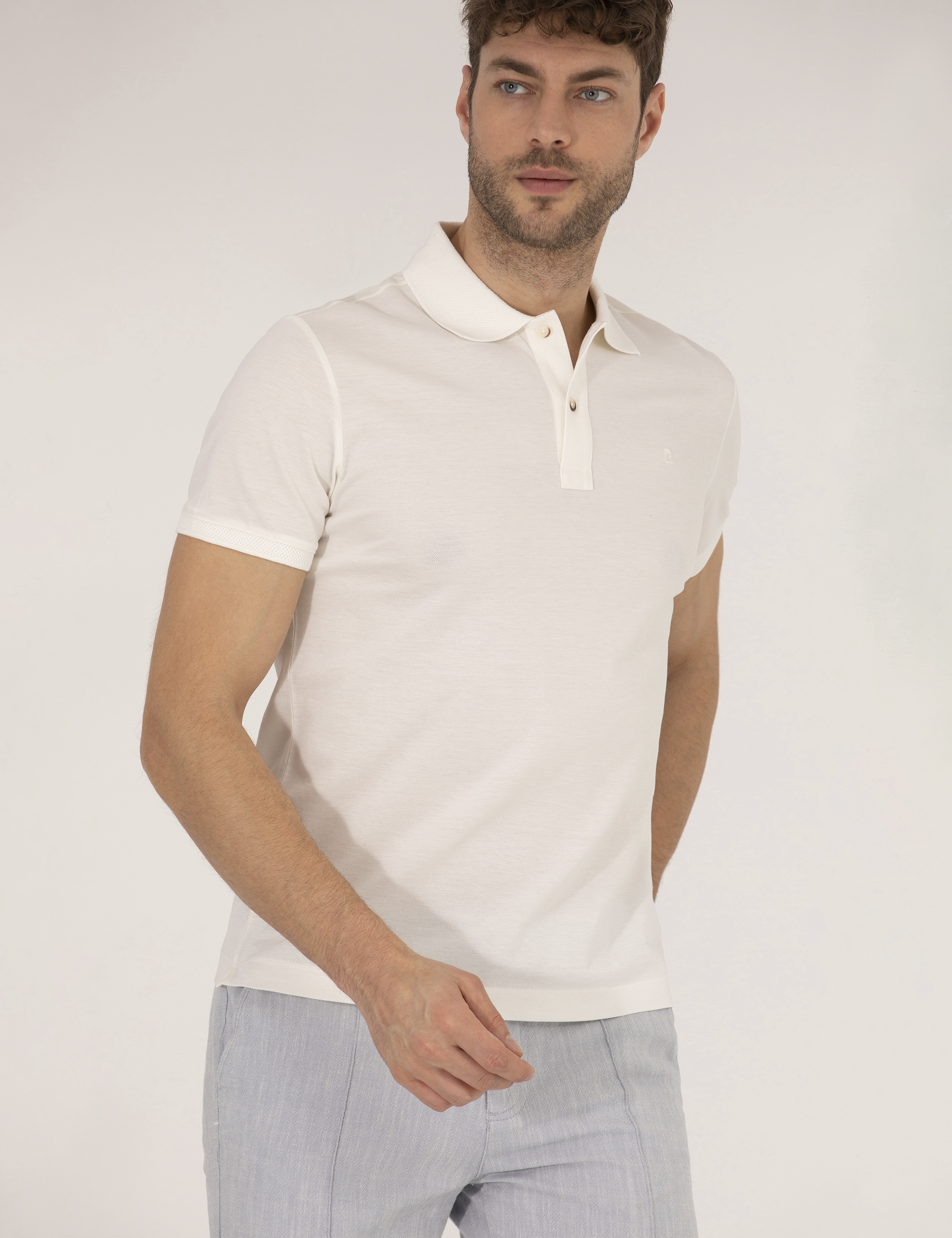 Beyaz Slim Fit Polo Yaka Merserize Tişört - Image 2