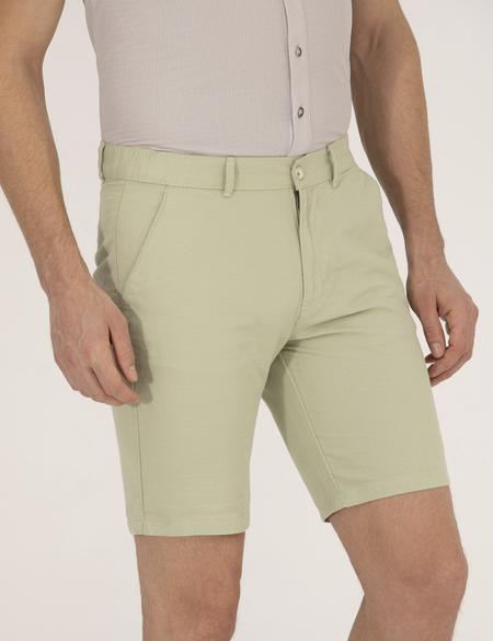 Açık Yeşil Slim Fit Keten Karışımlı Beli Lastikli Bermuda Şort - 50264863019