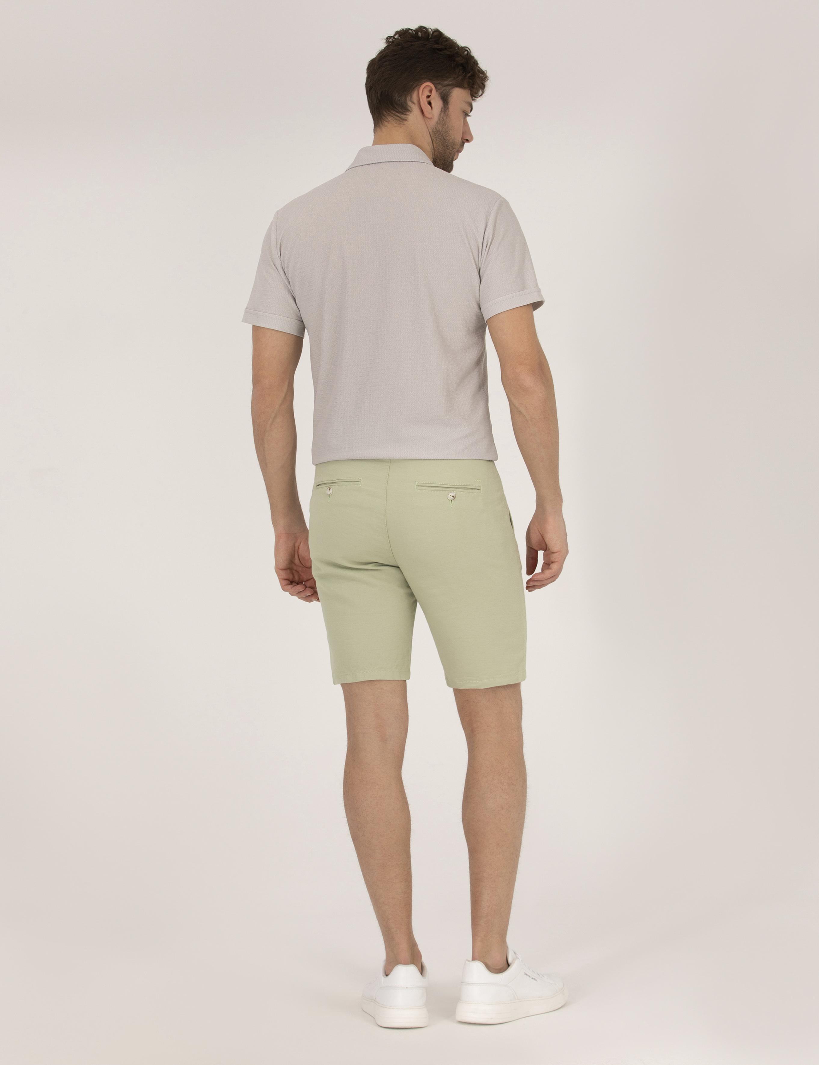 Açık Yeşil Slim Fit Keten Karışımlı Beli Lastikli Bermuda Şort