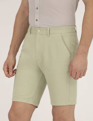 Açık Yeşil Slim Fit Keten Karışımlı Beli Lastikli Bermuda Şort