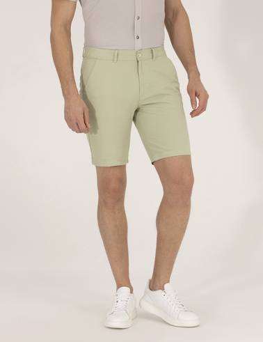 Açık Yeşil Slim Fit Keten Karışımlı Beli Lastikli Bermuda Şort