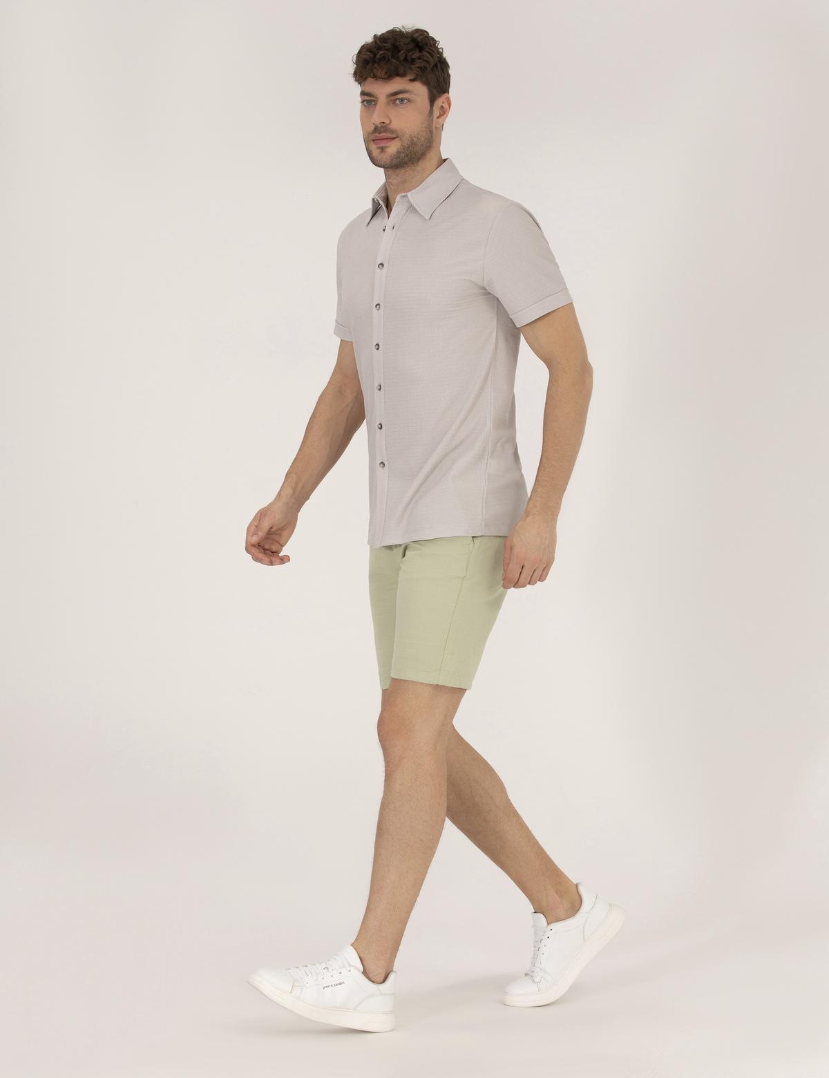 Açık Yeşil Slim Fit Keten Karışımlı Beli Lastikli Bermuda Şort - 50264863019