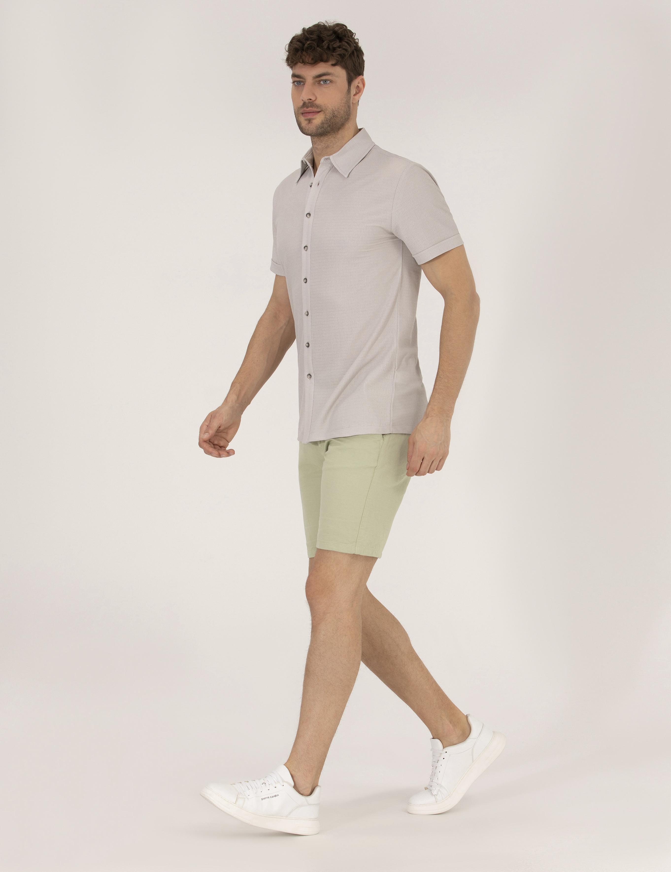 Açık Yeşil Slim Fit Keten Karışımlı Beli Lastikli Bermuda Şort