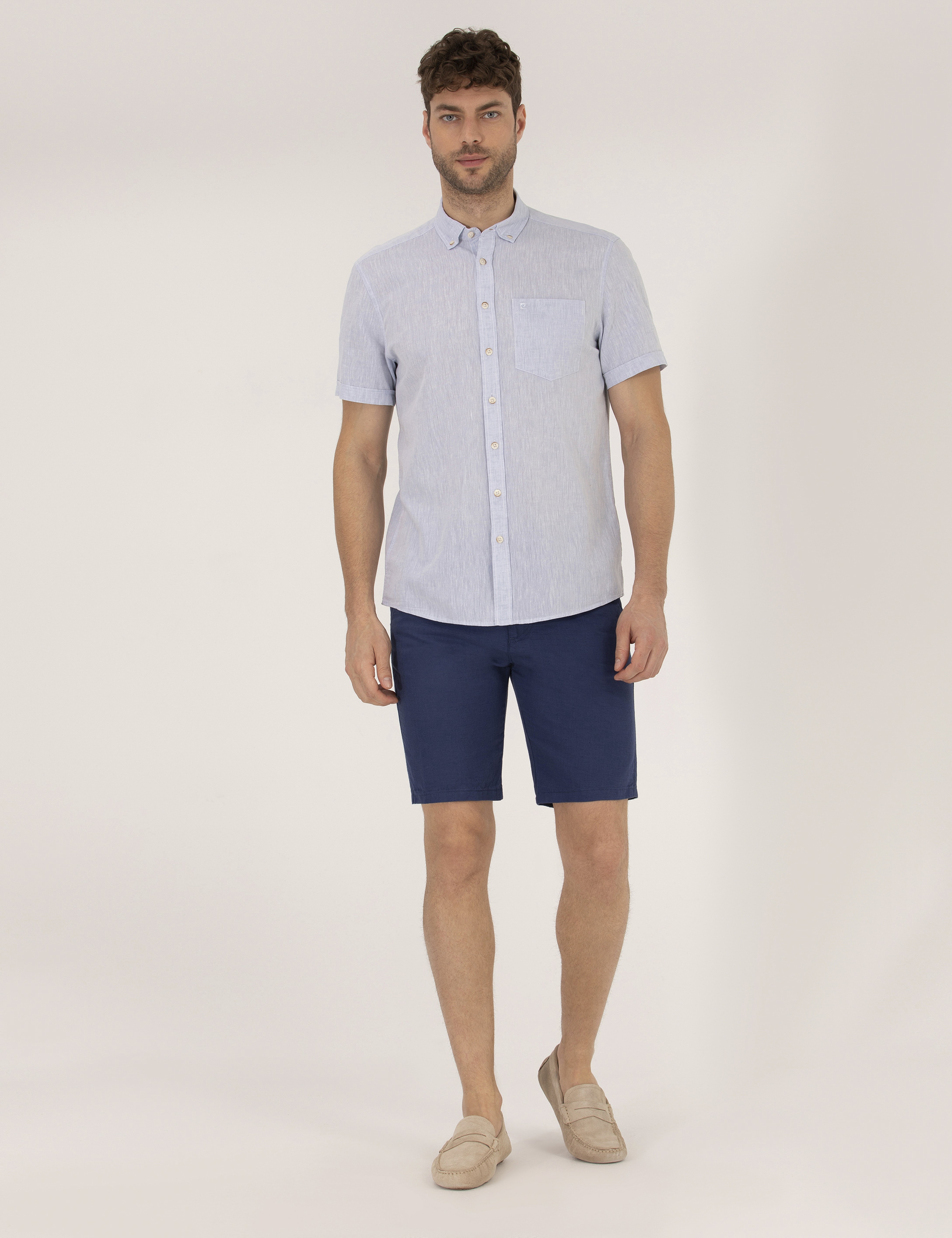 İndigo Slim Fit Keten Karışımlı Beli Lastikli Bermuda Şort - Image 3