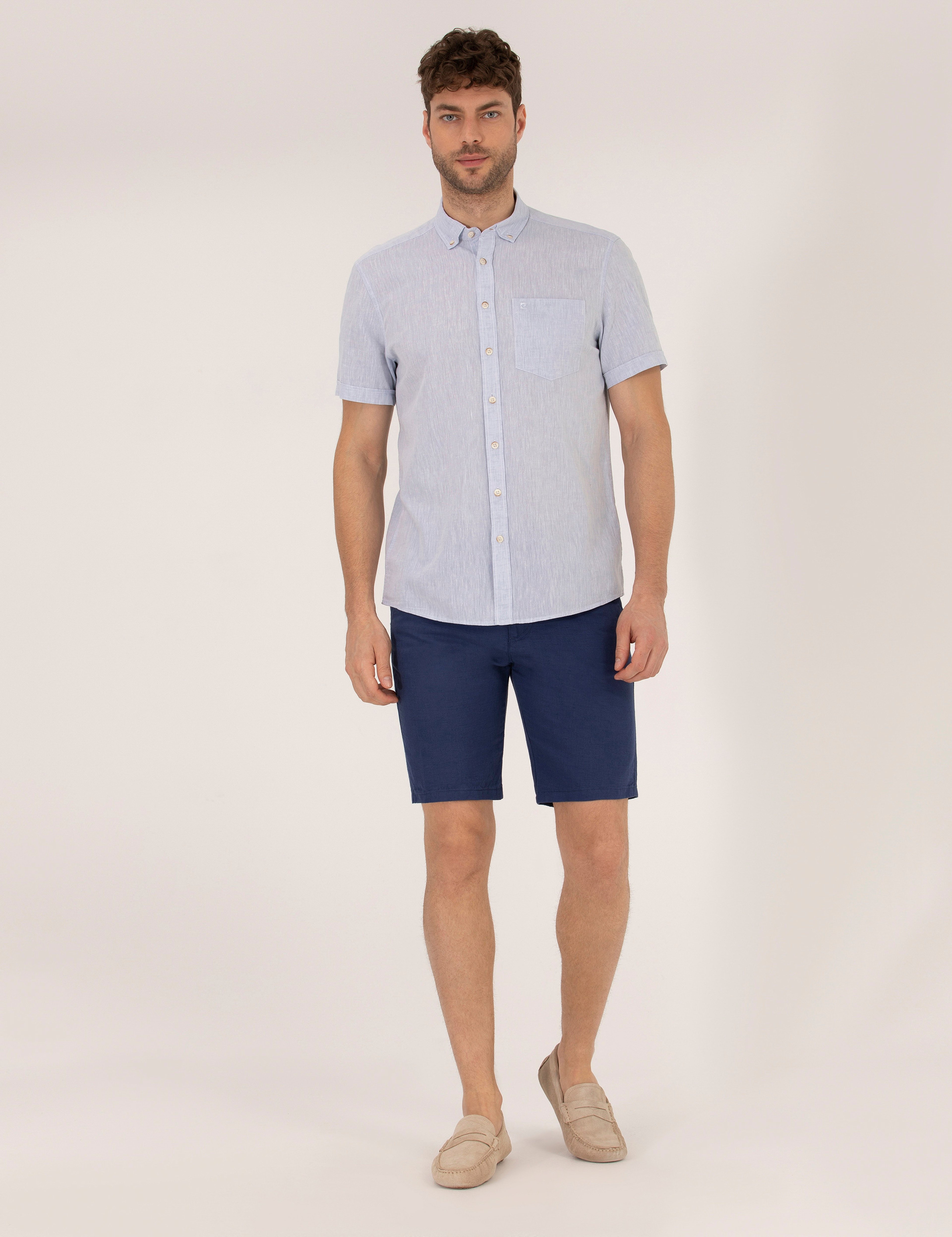 İndigo Slim Fit Keten Karışımlı Beli Lastikli Bermuda Şort