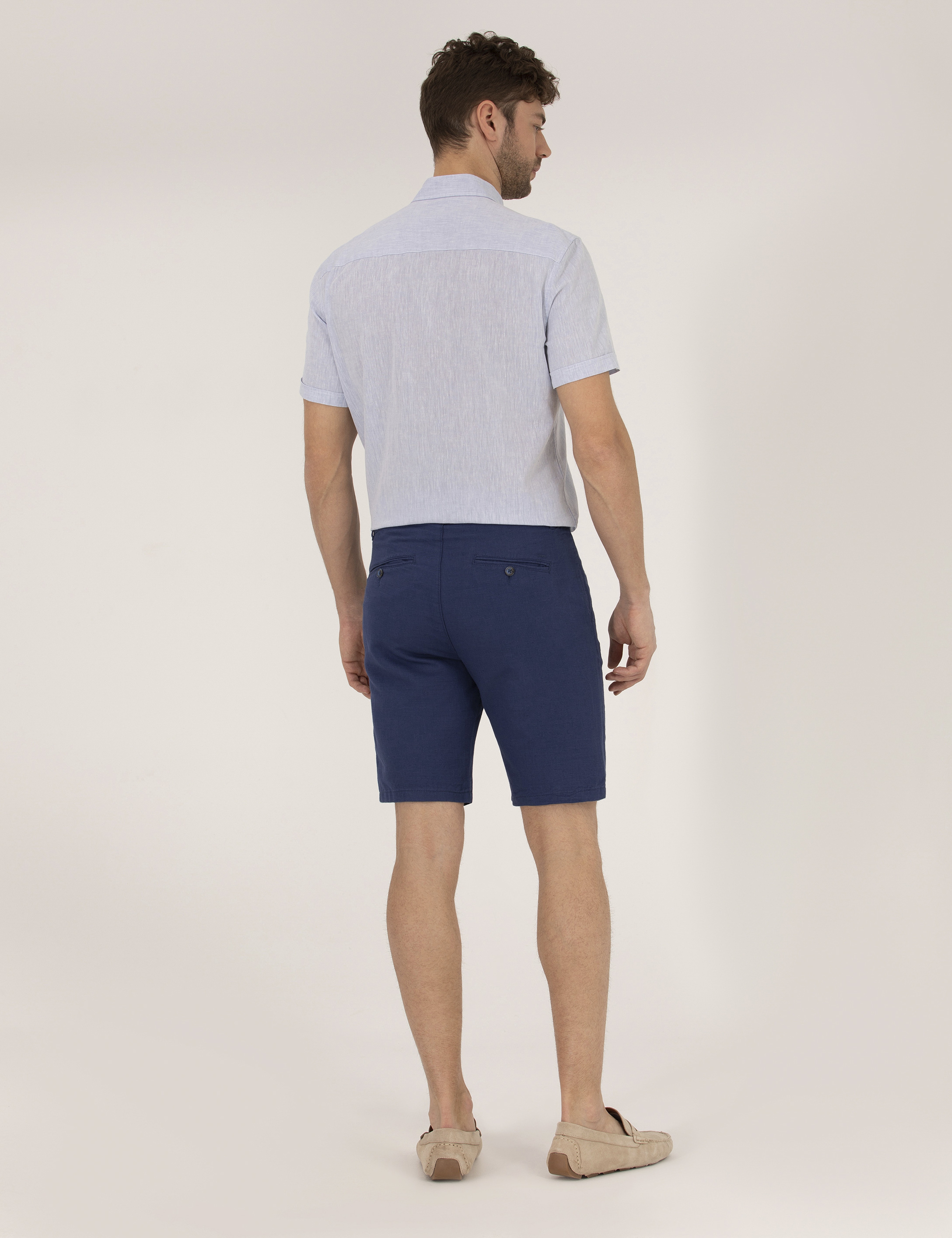 İndigo Slim Fit Keten Karışımlı Beli Lastikli Bermuda Şort - Image 4