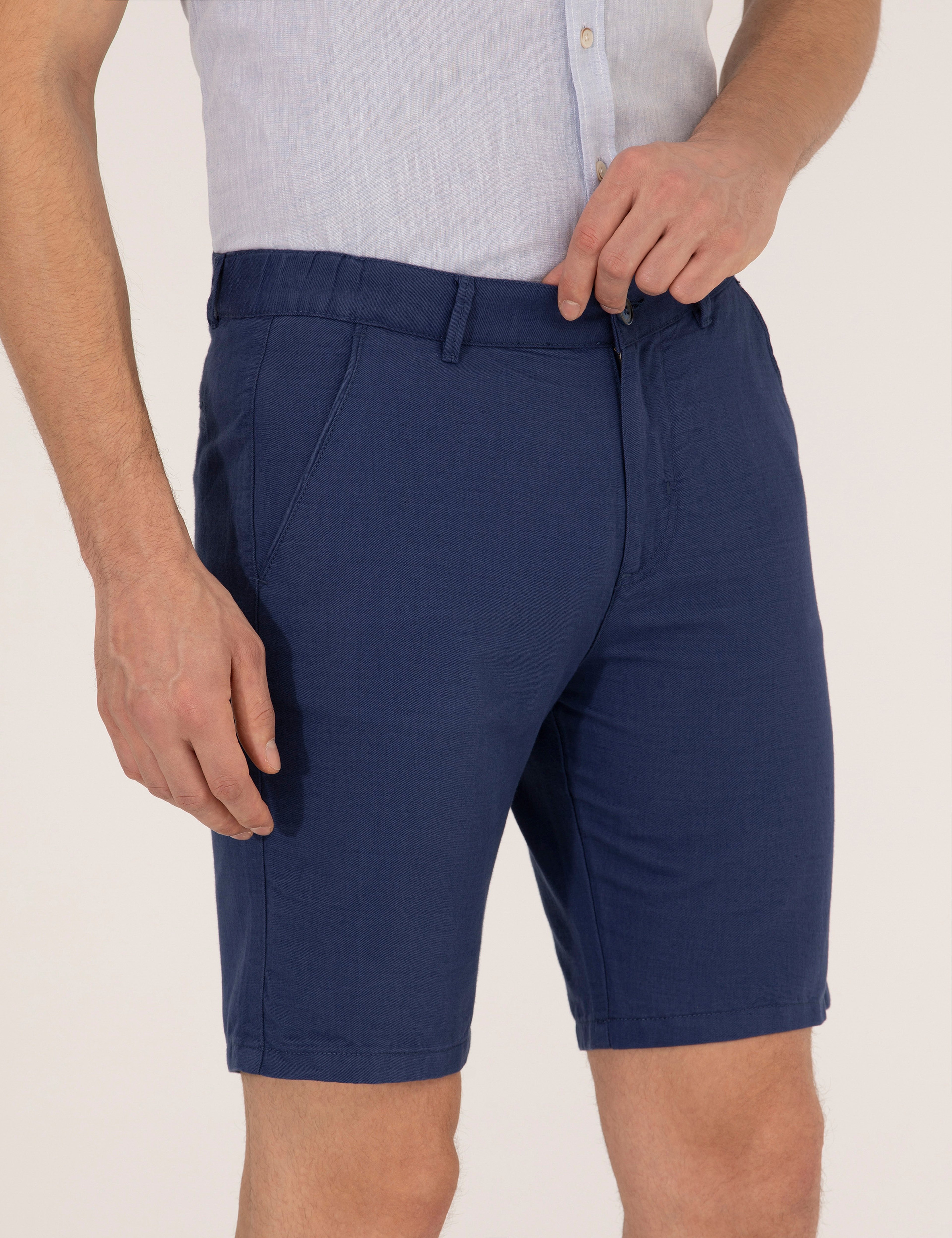 İndigo Slim Fit Keten Karışımlı Beli Lastikli Bermuda Şort