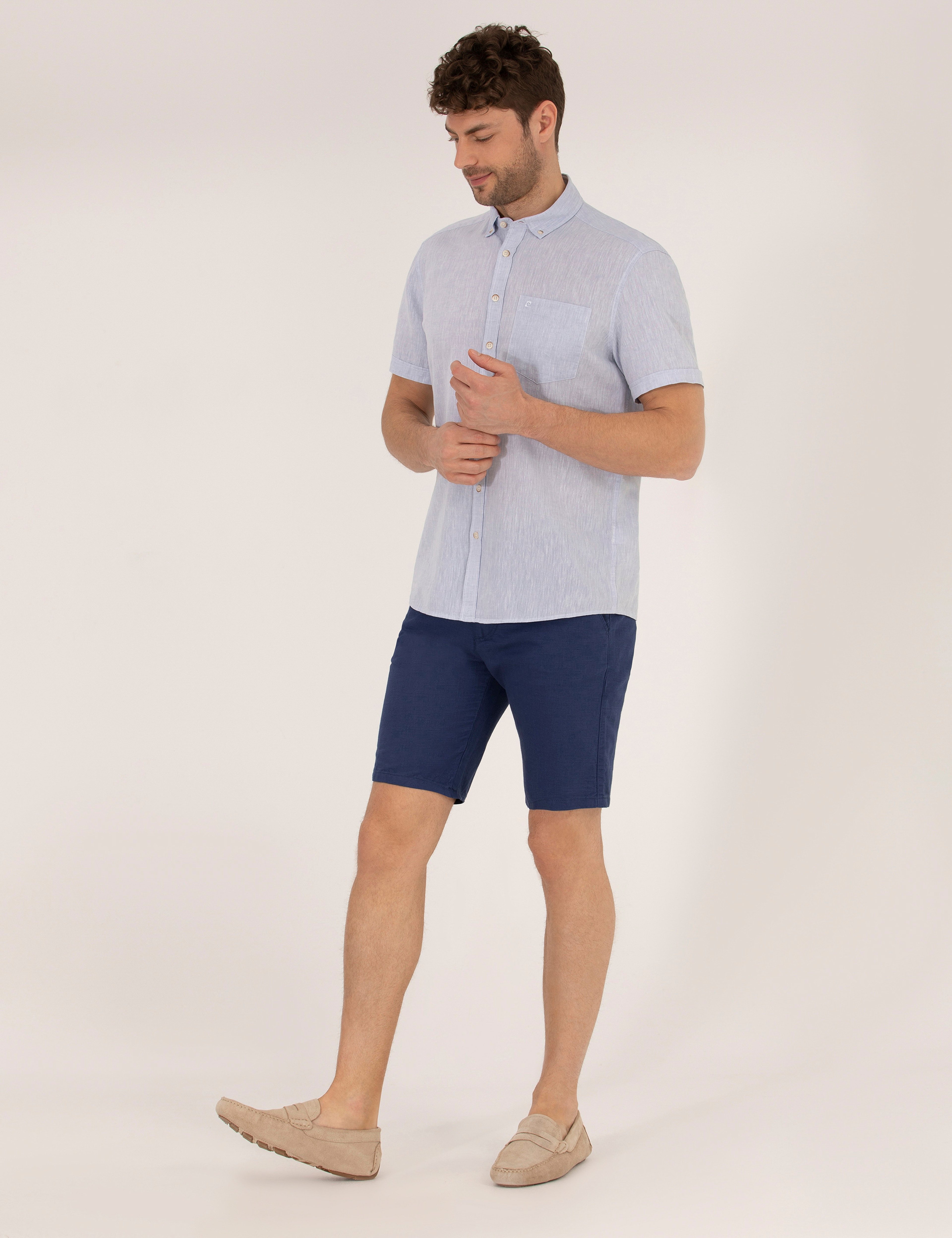 İndigo Slim Fit Keten Karışımlı Beli Lastikli Bermuda Şort