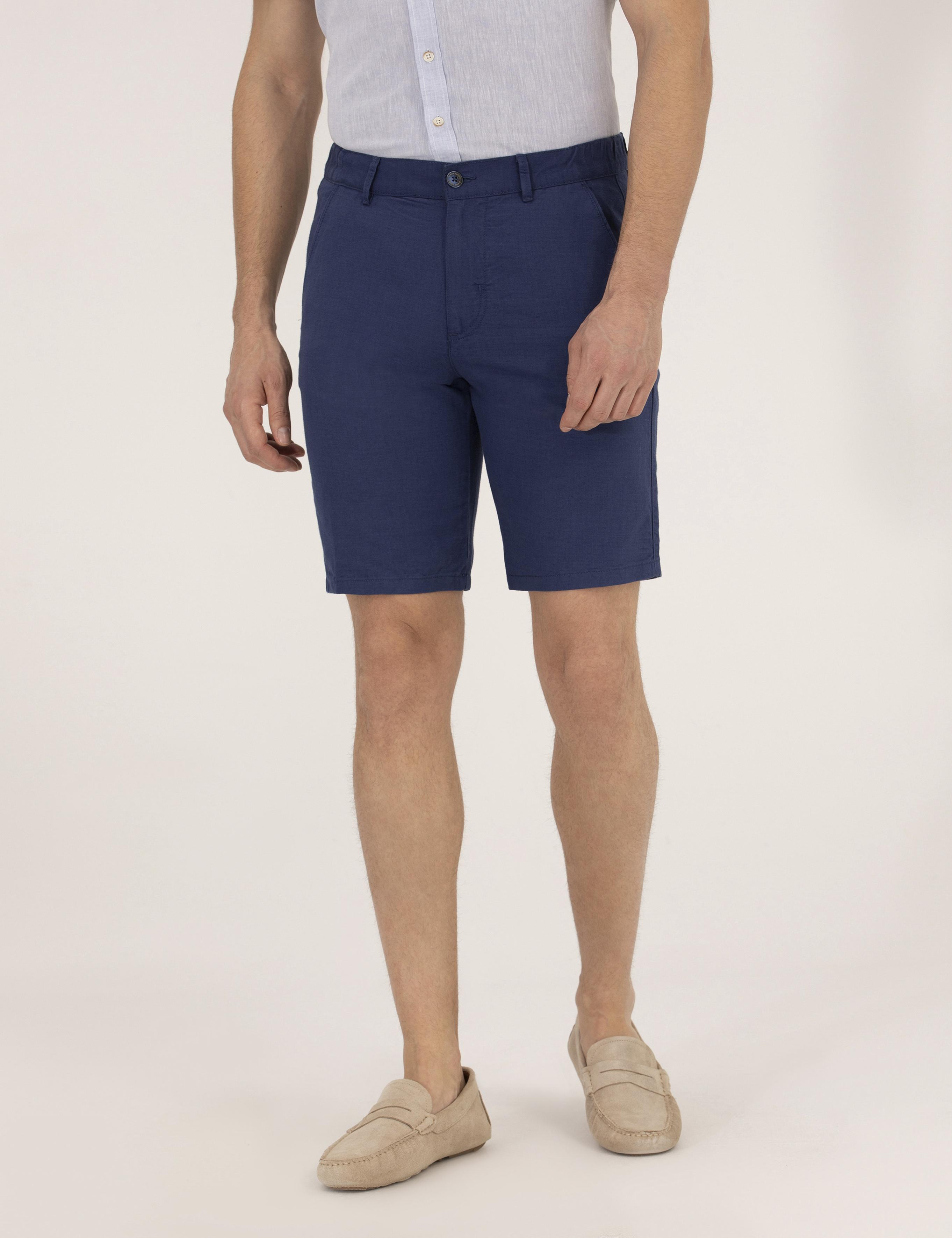 İndigo Slim Fit Keten Karışımlı Beli Lastikli Bermuda Şort