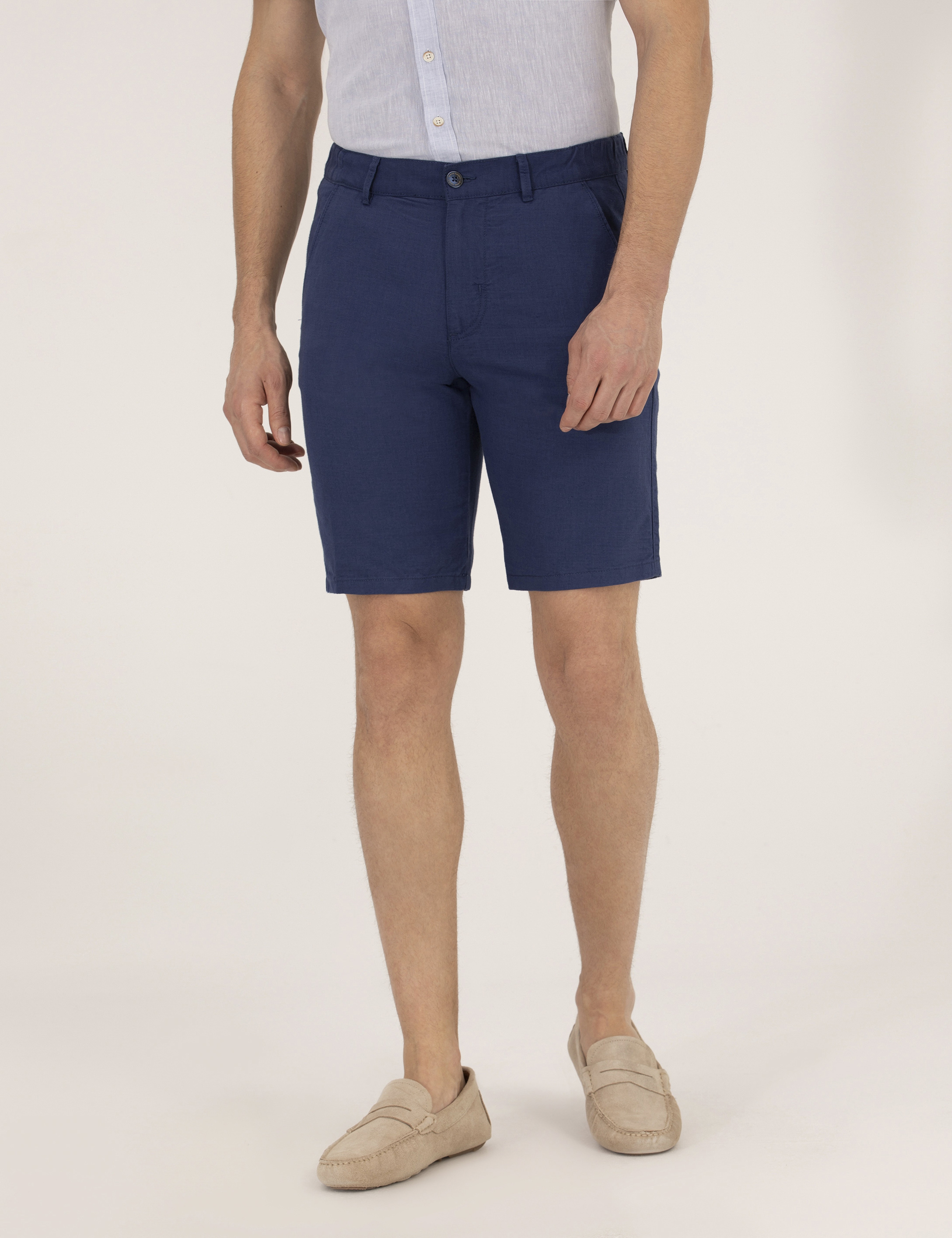 İndigo Slim Fit Keten Karışımlı Beli Lastikli Bermuda Şort - Image 2