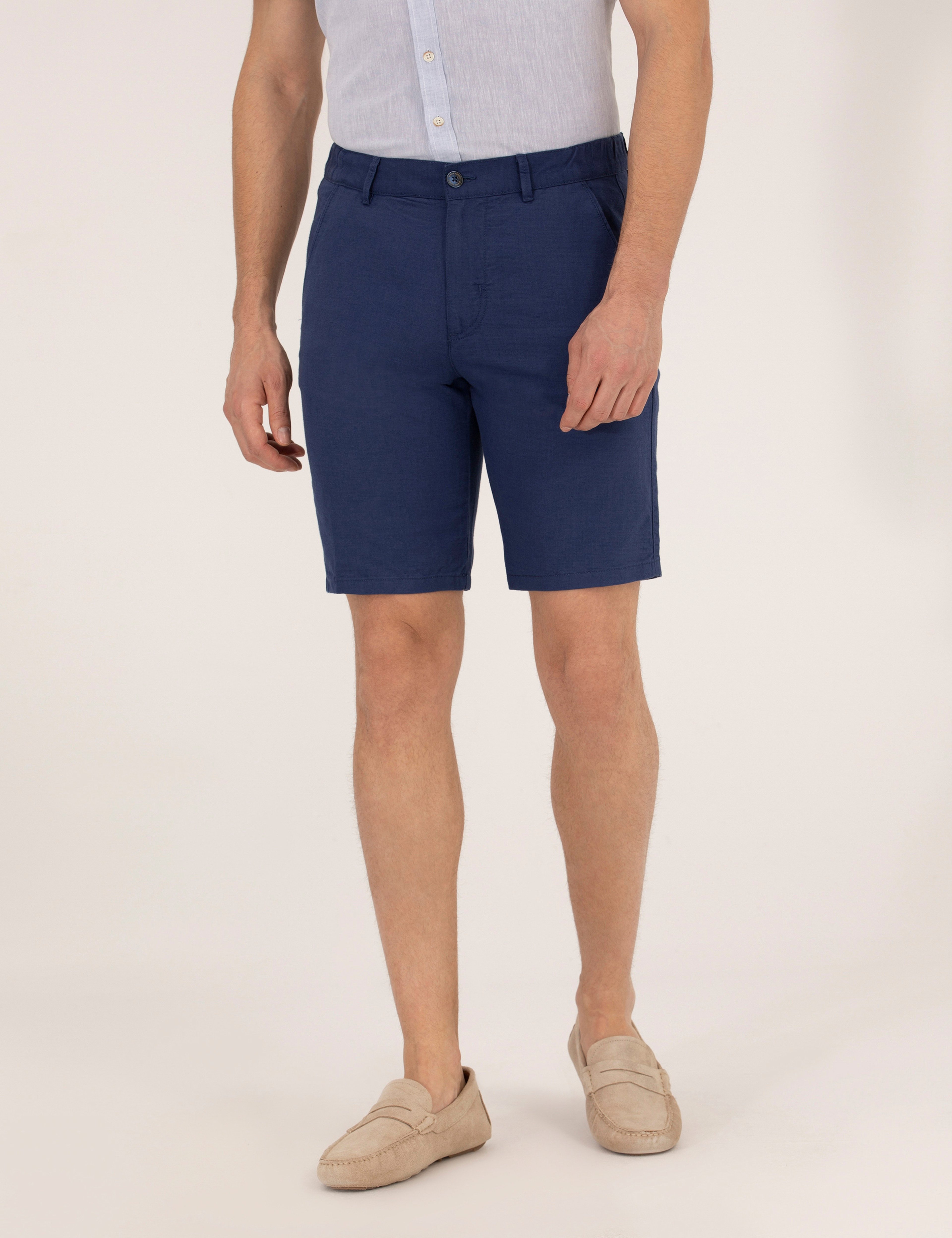 İndigo Slim Fit Keten Karışımlı Beli Lastikli Bermuda Şort
