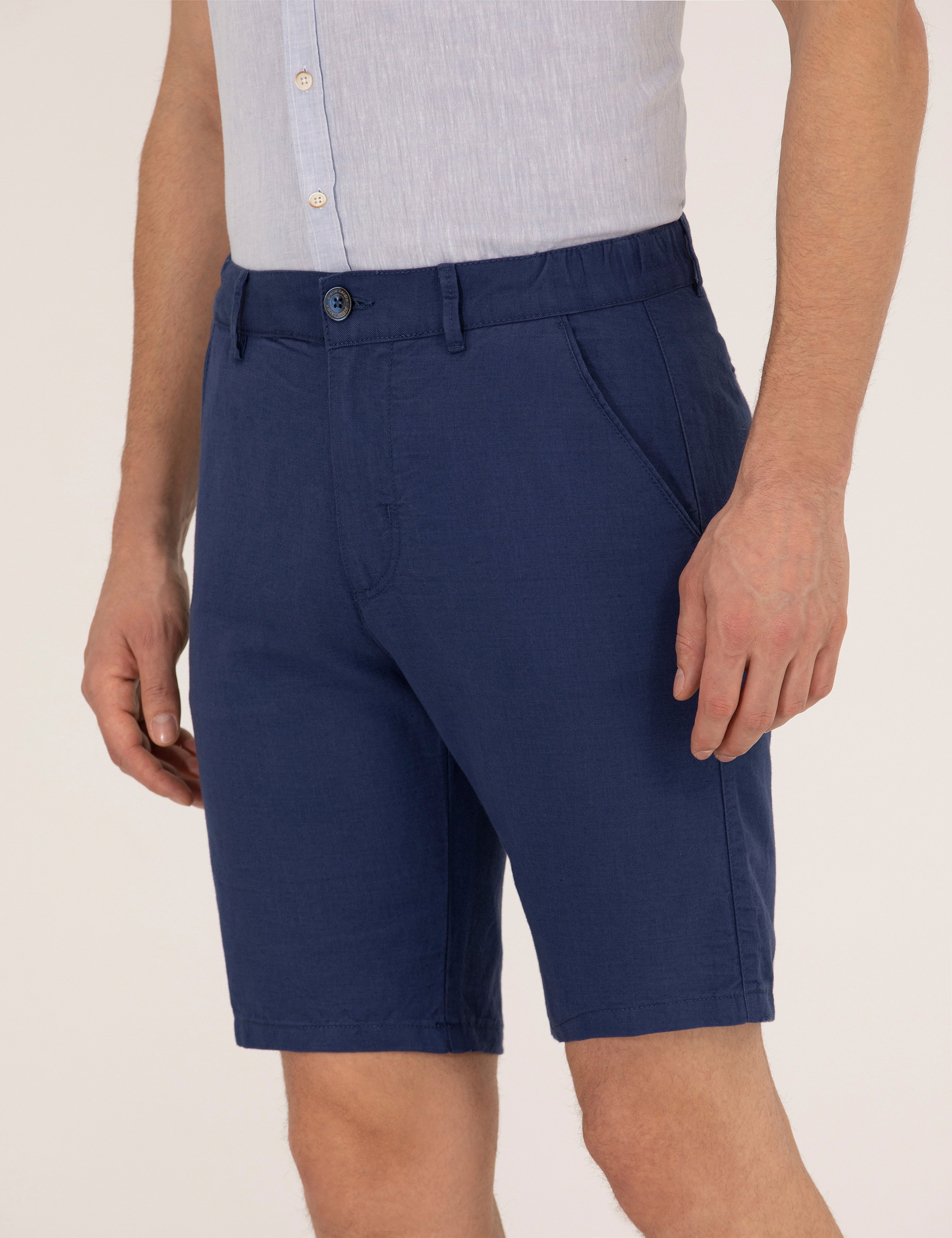 İndigo Slim Fit Keten Karışımlı Beli Lastikli Bermuda Şort - Image 5