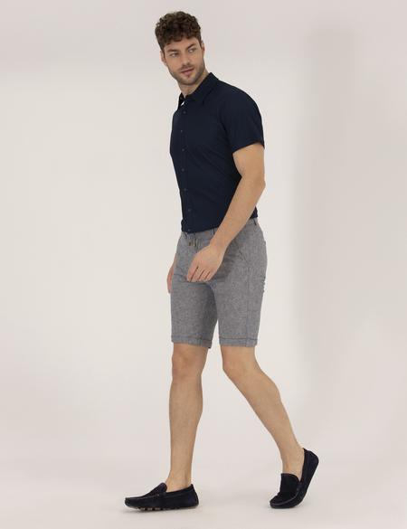 Açık Lacivert Slim Fit Keten Karışımlı Çizgili Bağcıklı Bermuda Şort - 50264874025