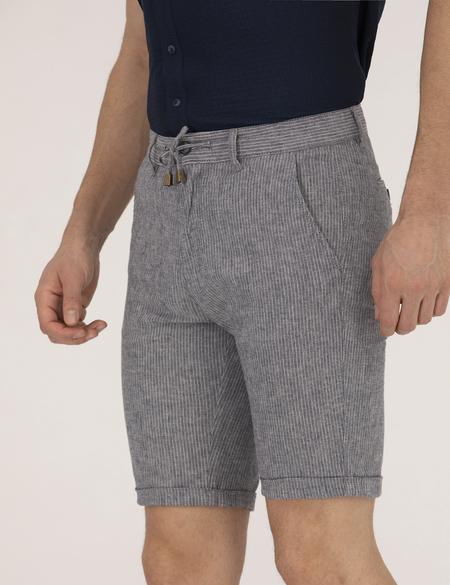 Açık Lacivert Slim Fit Keten Karışımlı Çizgili Bağcıklı Bermuda Şort - 50264874025