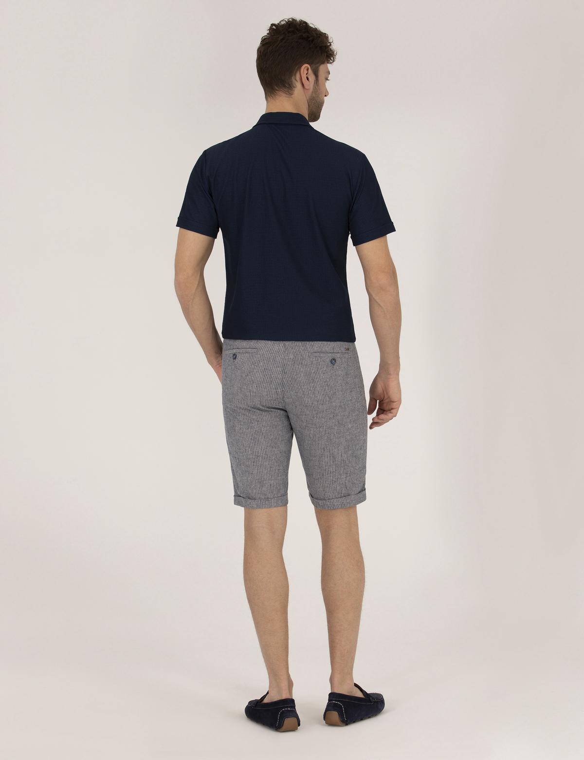 Açık Lacivert Slim Fit Keten Karışımlı Çizgili Bağcıklı Bermuda Şort - 50264874025