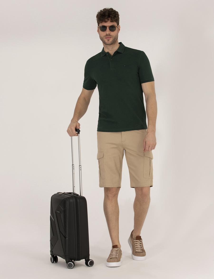 Bej Comfort Fit Kargo Cepli Bermuda Şort