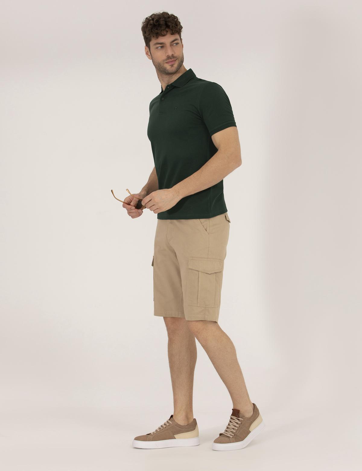 Bej Comfort Fit Kargo Cepli Bermuda Şort - 50264881071