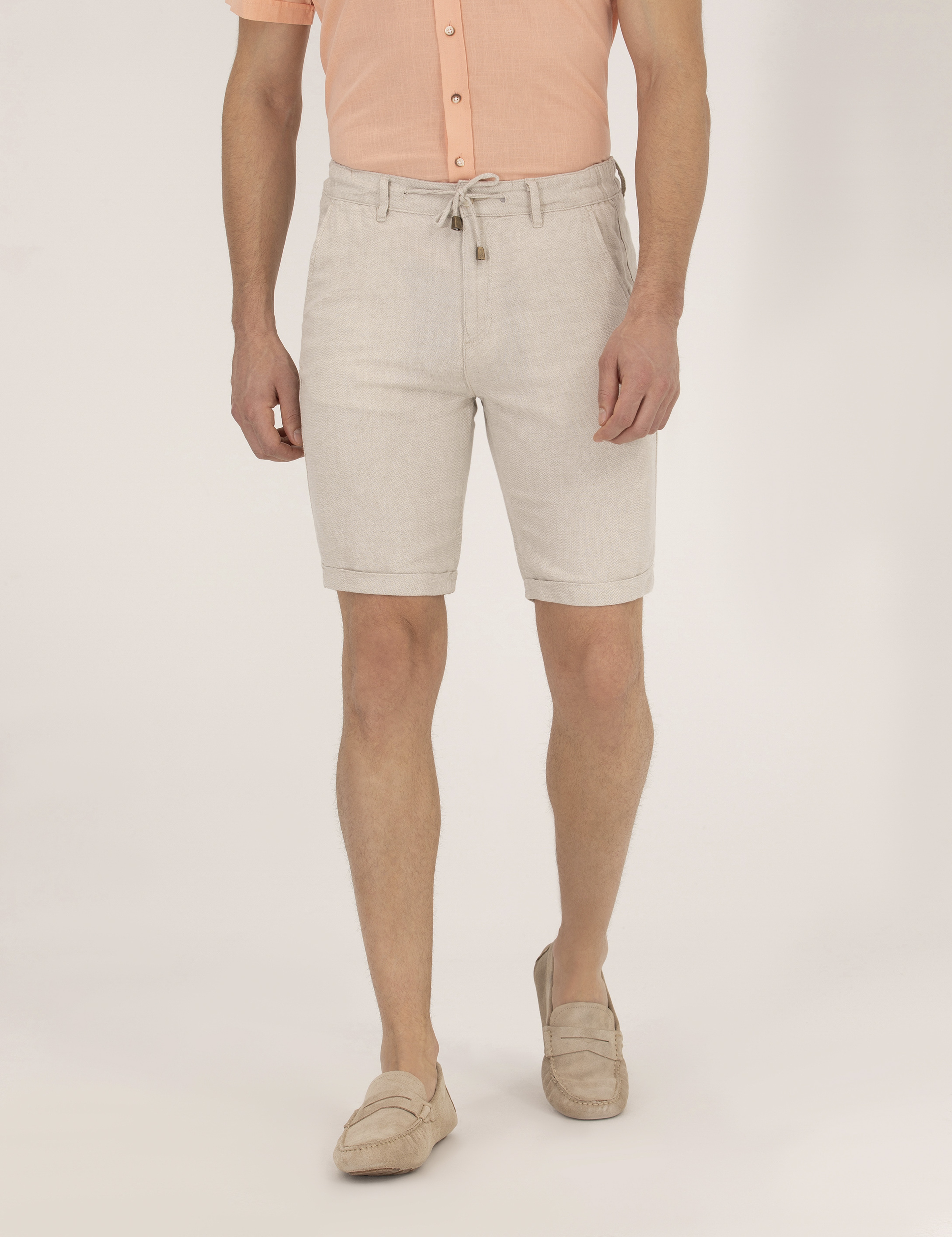 Bej Slim Fit Keten Karışımlı Beli Lastikli Bağcıklı Bermuda Şort - Image 2