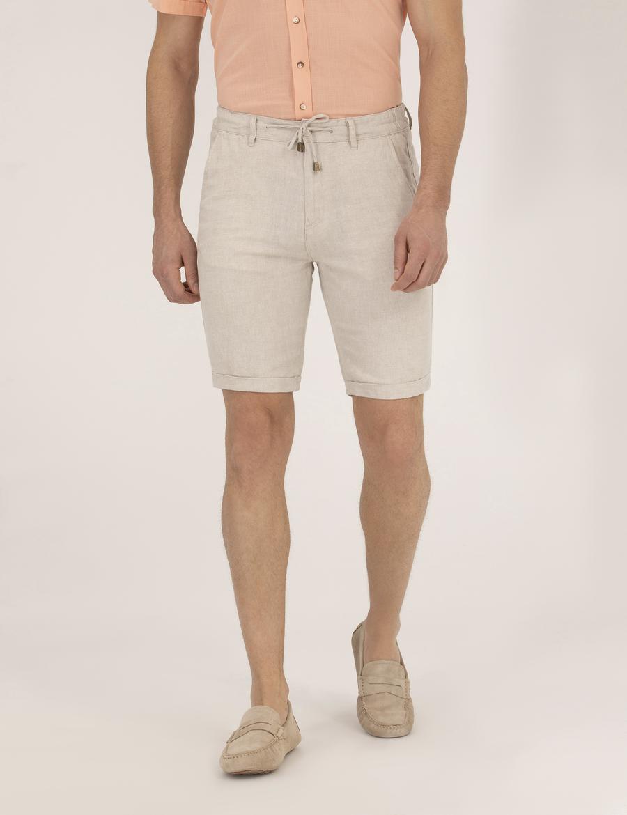 Bej Slim Fit Keten Karışımlı Beli Lastikli Bağcıklı Bermuda Şort