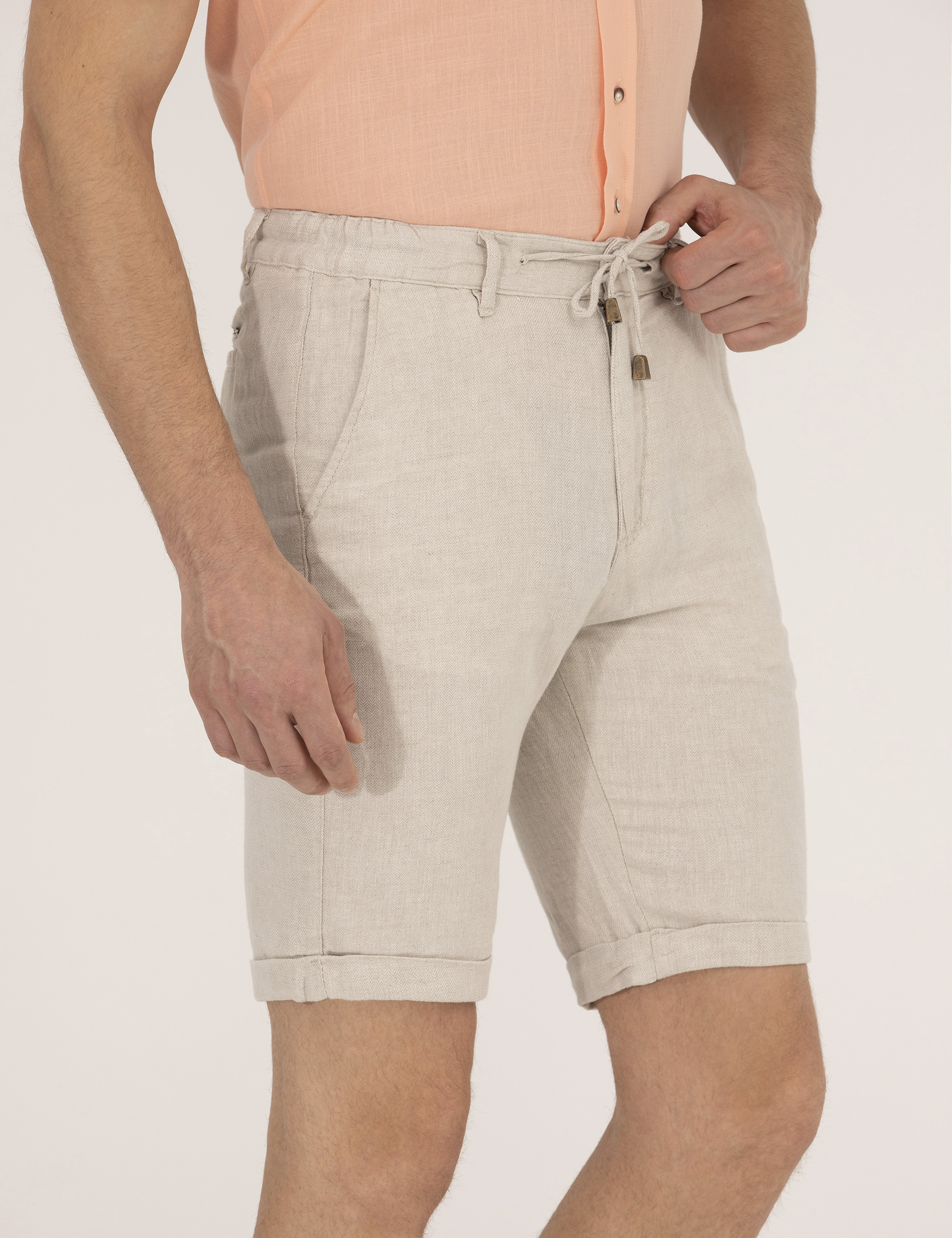 Bej Slim Fit Keten Karışımlı Beli Lastikli Bağcıklı Bermuda Şort - Image 5