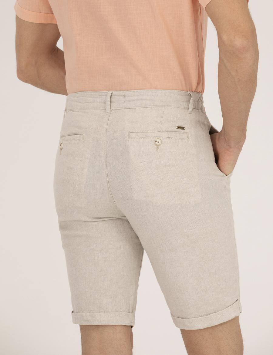 Bej Slim Fit Keten Karışımlı Beli Lastikli Bağcıklı Bermuda Şort