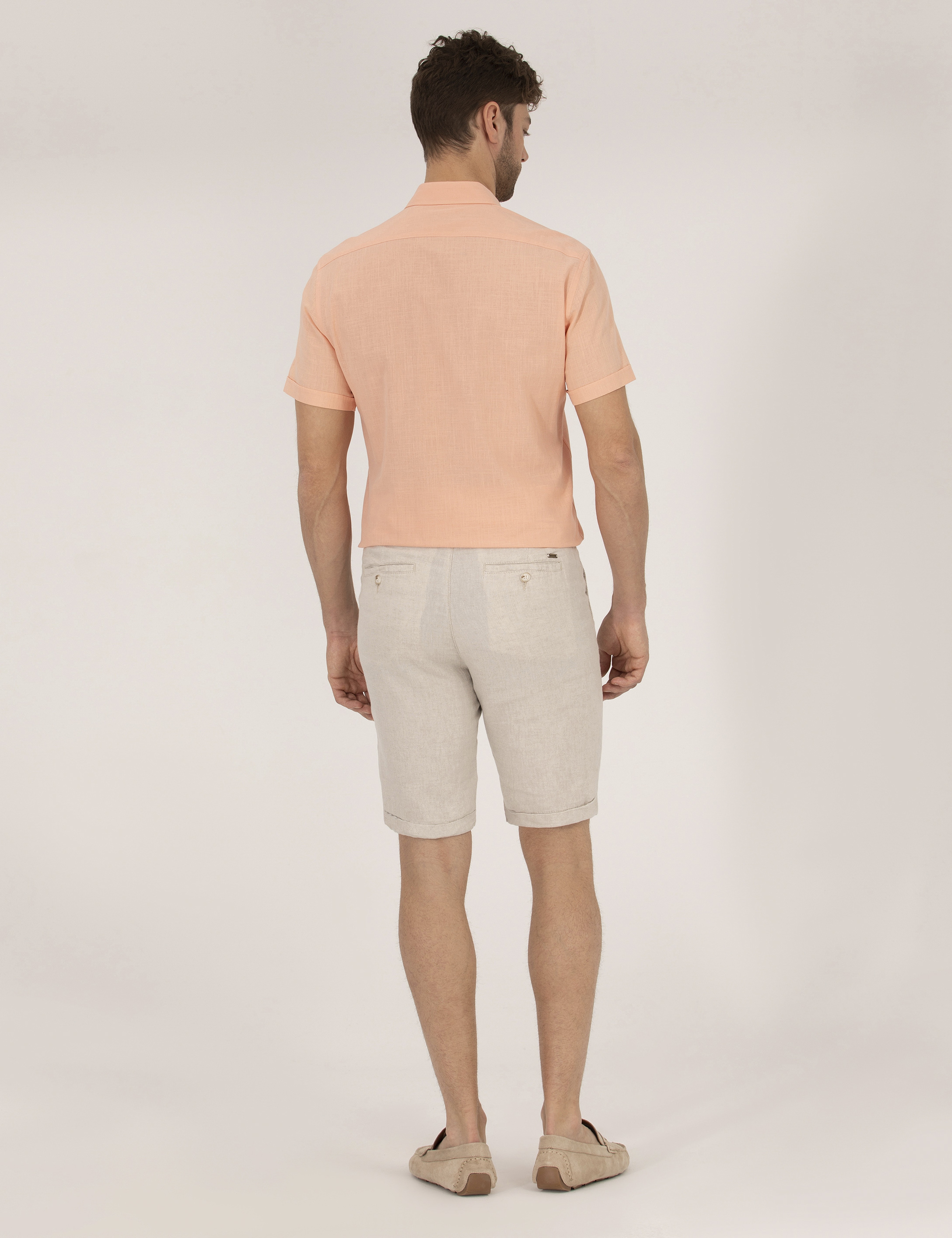 Bej Slim Fit Keten Karışımlı Beli Lastikli Bağcıklı Bermuda Şort - Image 4
