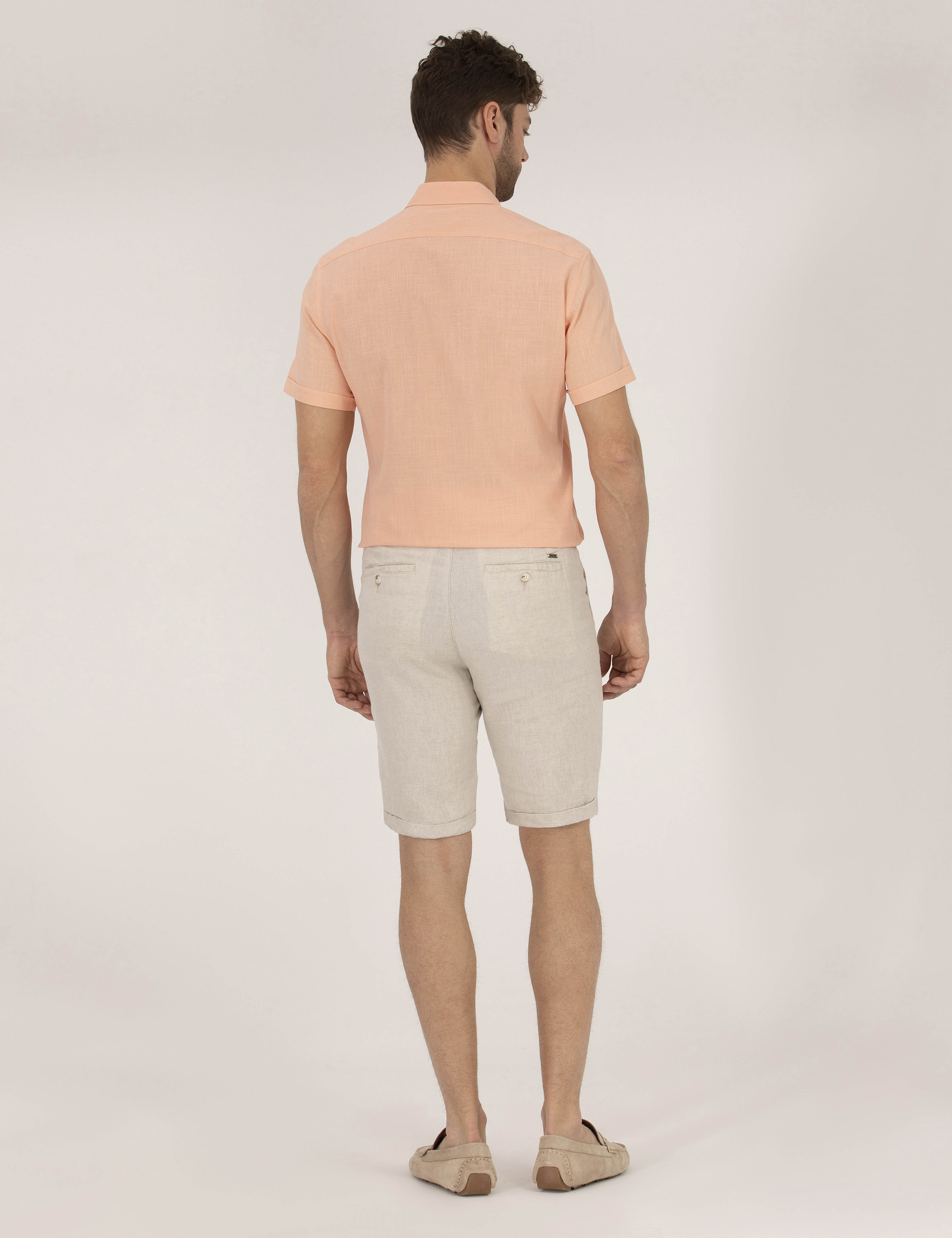 Bej Slim Fit Keten Karışımlı Beli Lastikli Bağcıklı Bermuda Şort