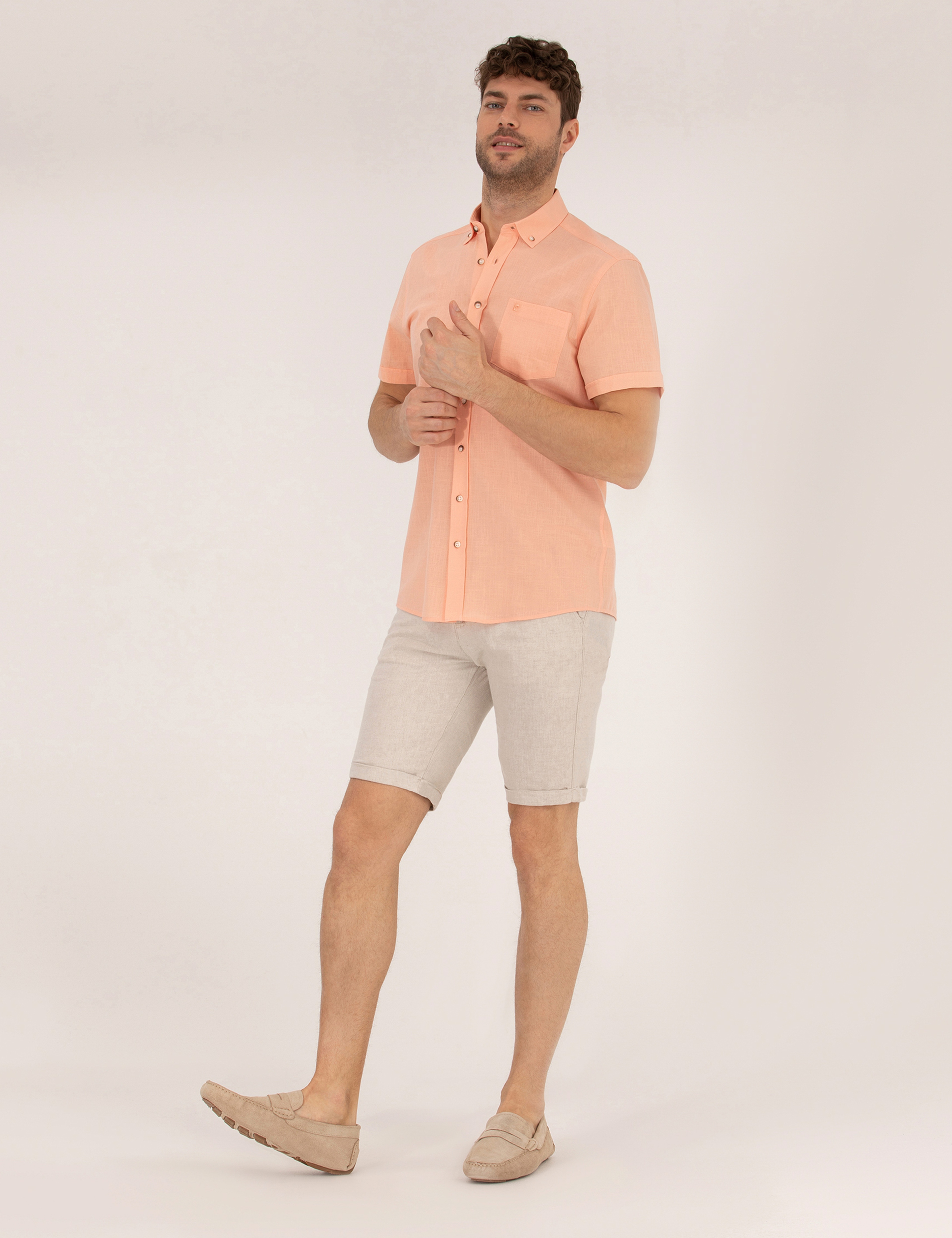 Bej Slim Fit Keten Karışımlı Beli Lastikli Bağcıklı Bermuda Şort