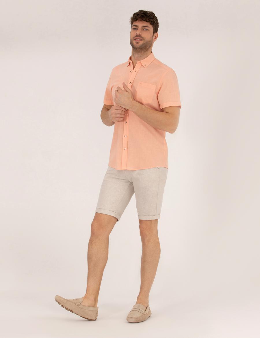 Bej Slim Fit Keten Karışımlı Beli Lastikli Bağcıklı Bermuda Şort