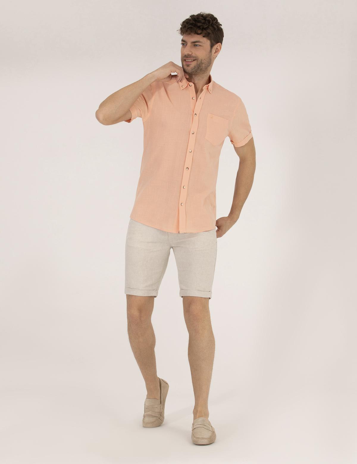 Bej Slim Fit Keten Karışımlı Beli Lastikli Bağcıklı Bermuda Şort - 50268216006