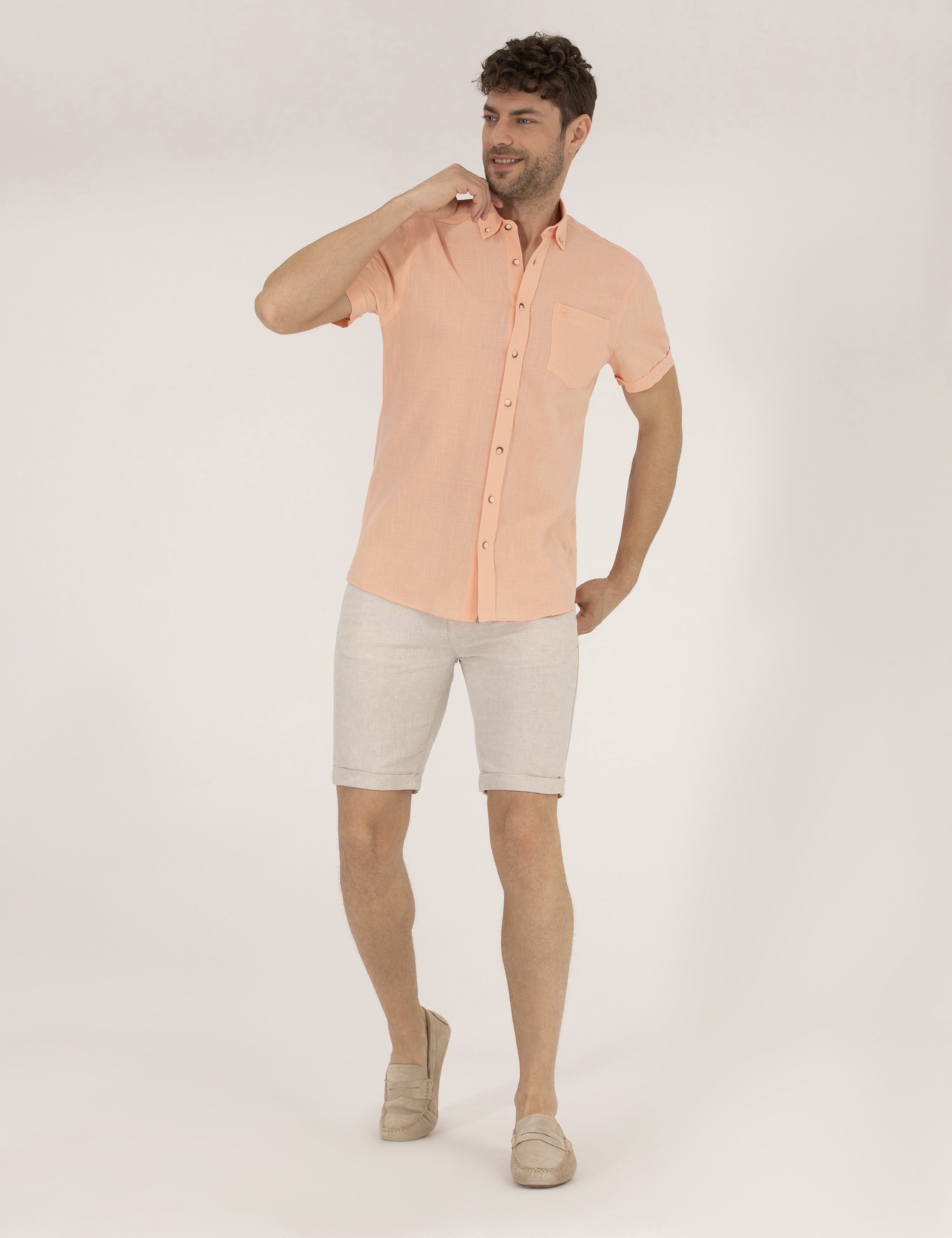 Bej Slim Fit Keten Karışımlı Beli Lastikli Bağcıklı Bermuda Şort