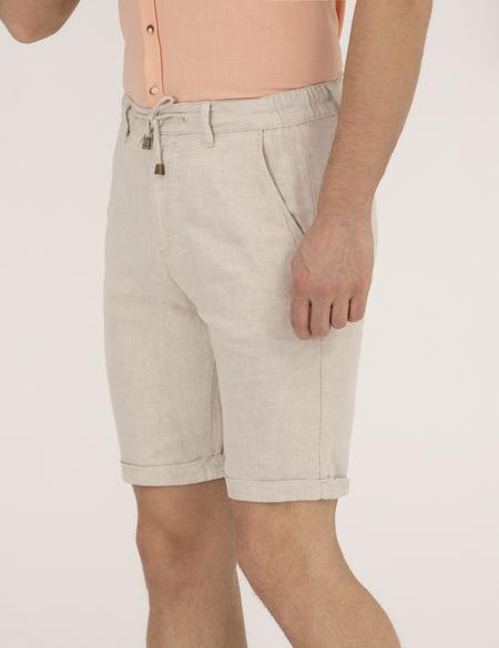 Bej Slim Fit Keten Karışımlı Beli Lastikli Bağcıklı Bermuda Şort - 50268216006