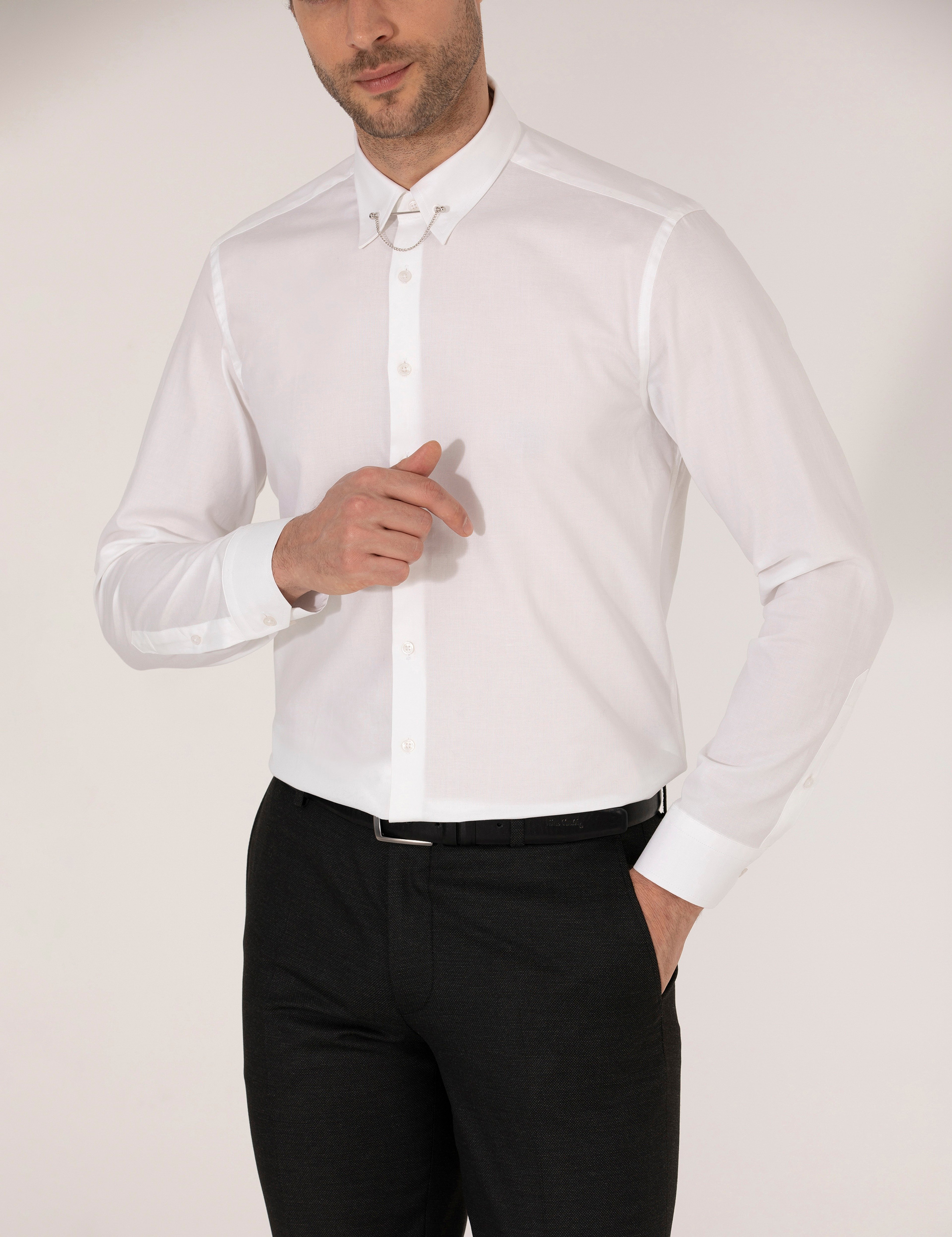 Beyaz Slim Fit Smokin Gömlek - Image 6