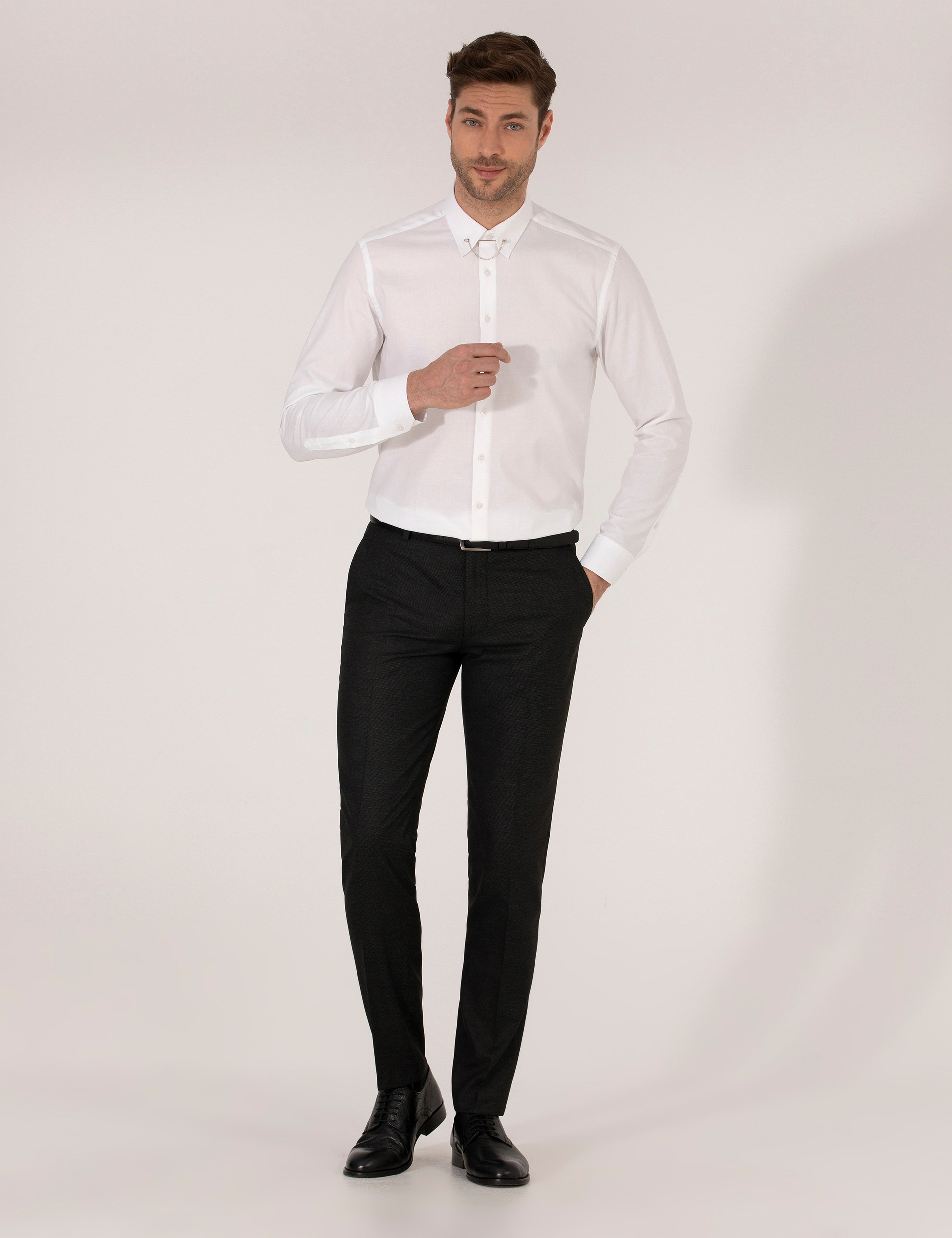 Beyaz Slim Fit Smokin Gömlek - Image 2
