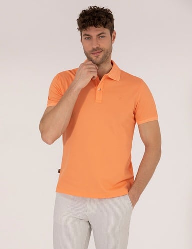 Açık Turuncu Slim Fit %100 Pamuk Düğmeli Polo Yaka Merserize Basic Tişört