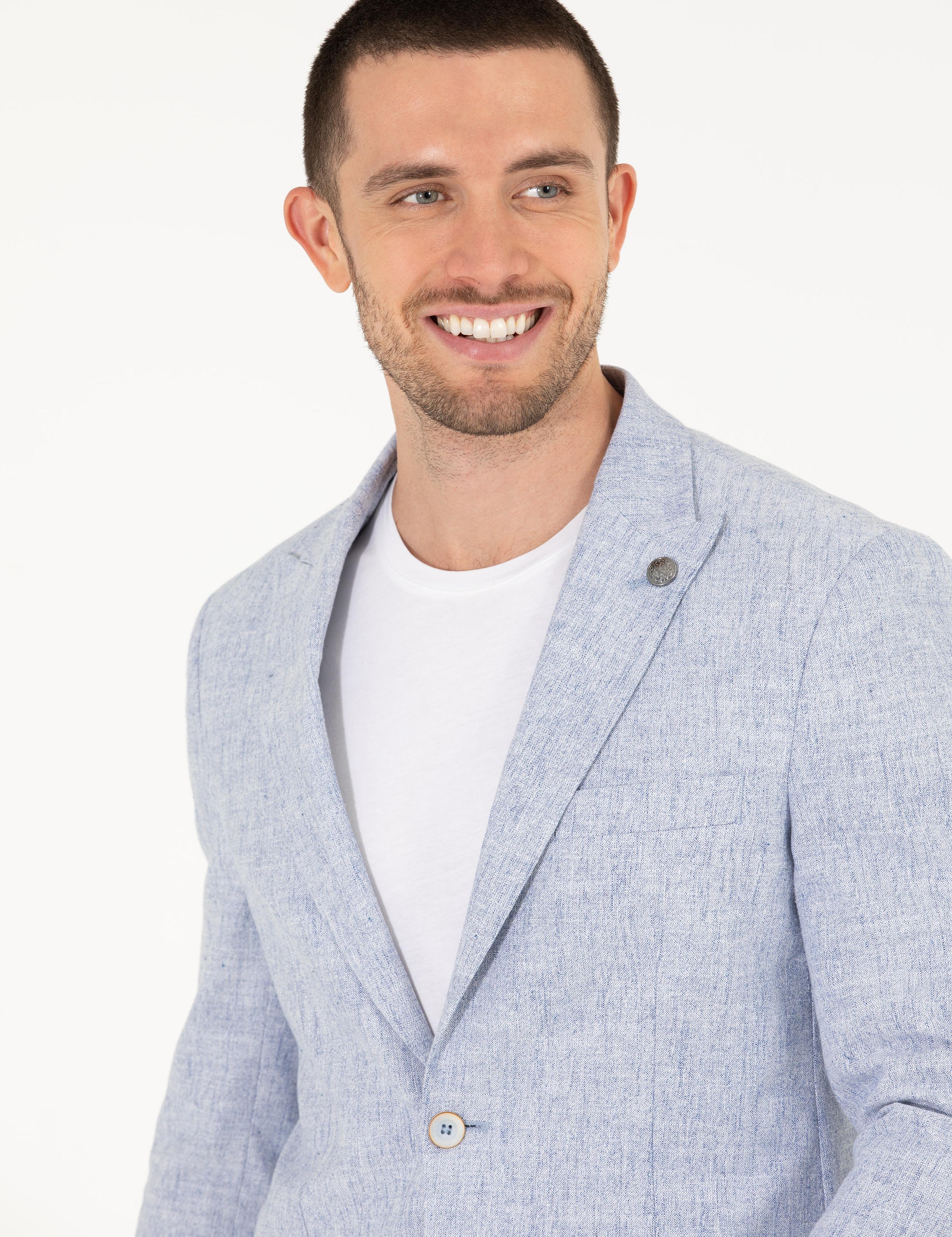 Açık Mavi Keten Karışımlı Spor Ceket