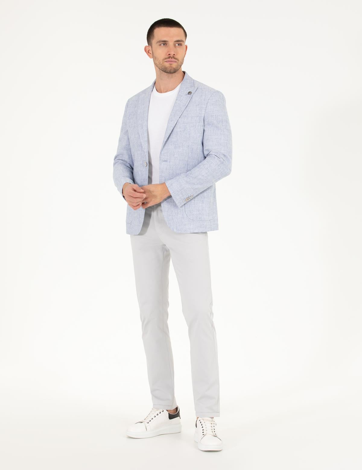 Açık Mavi Keten Karışımlı Spor Ceket - 50264615020