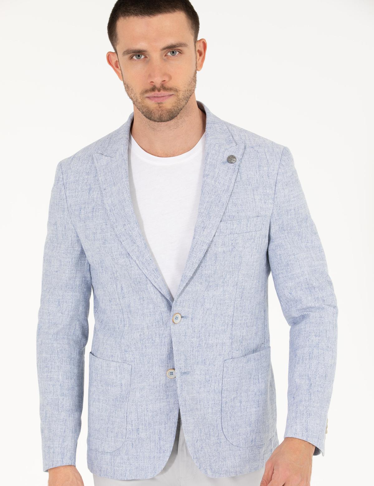 Açık Mavi Keten Karışımlı Spor Ceket - 50264615020