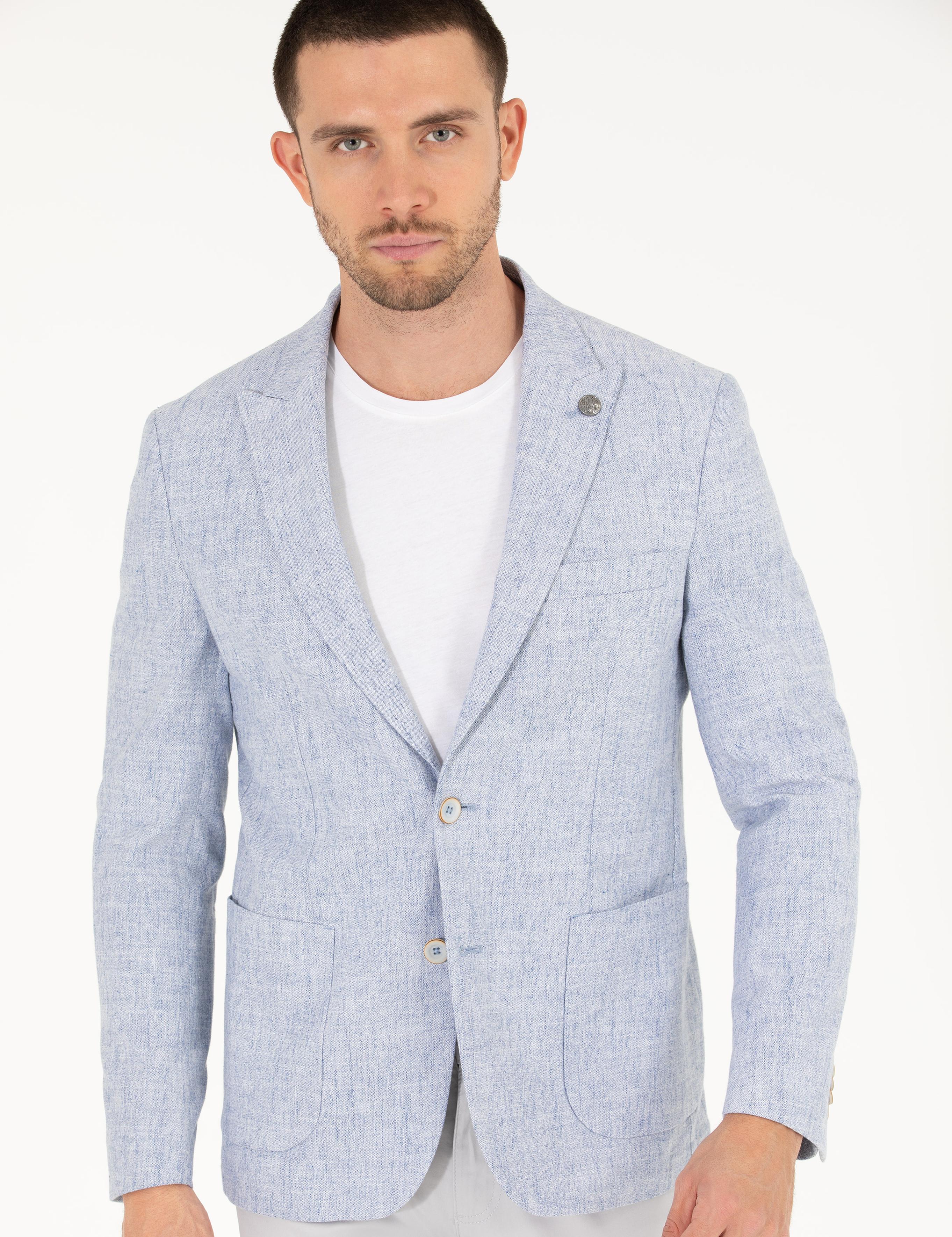 Açık Mavi Keten Karışımlı Spor Ceket