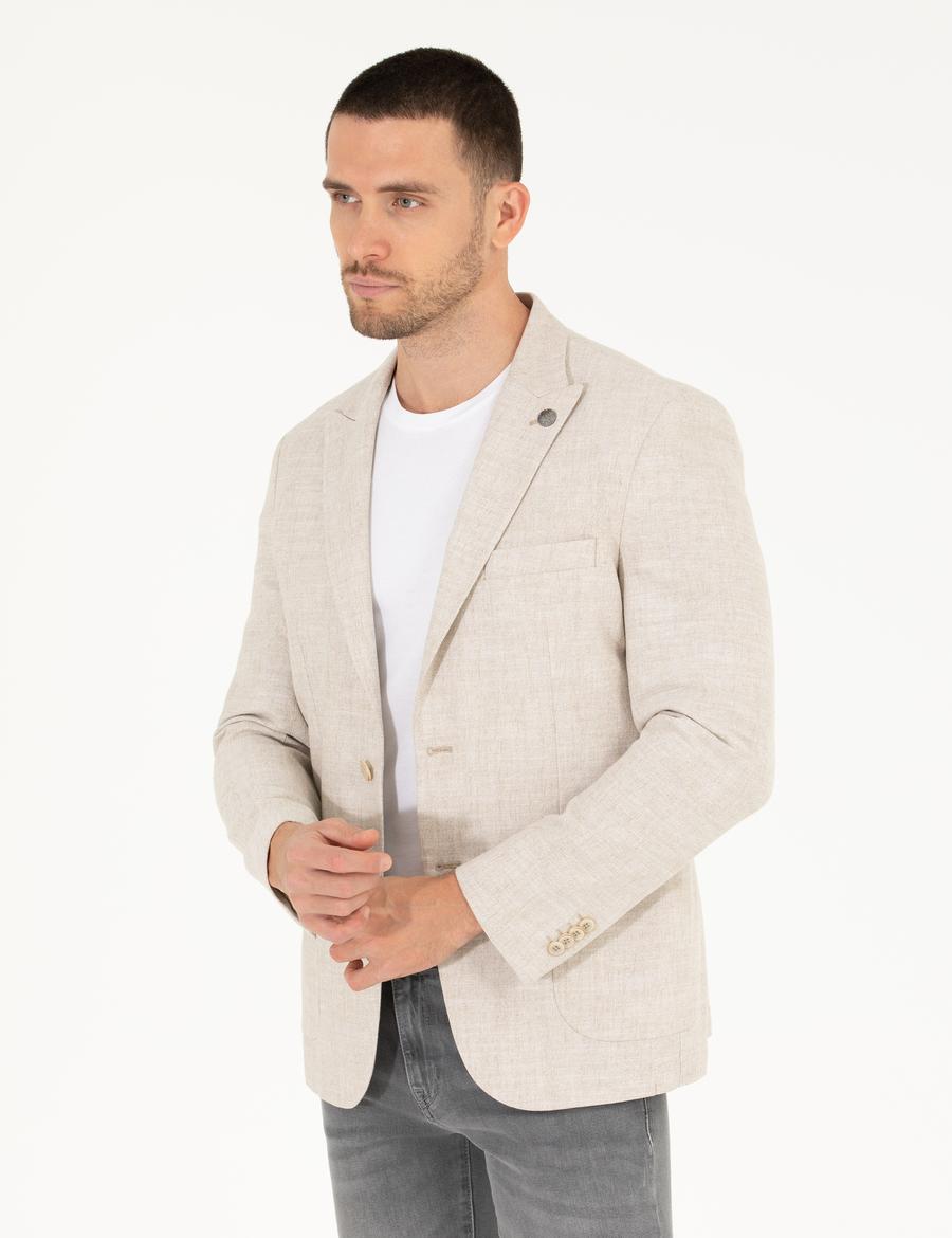 Bej Keten Karışımlı Spor Ceket