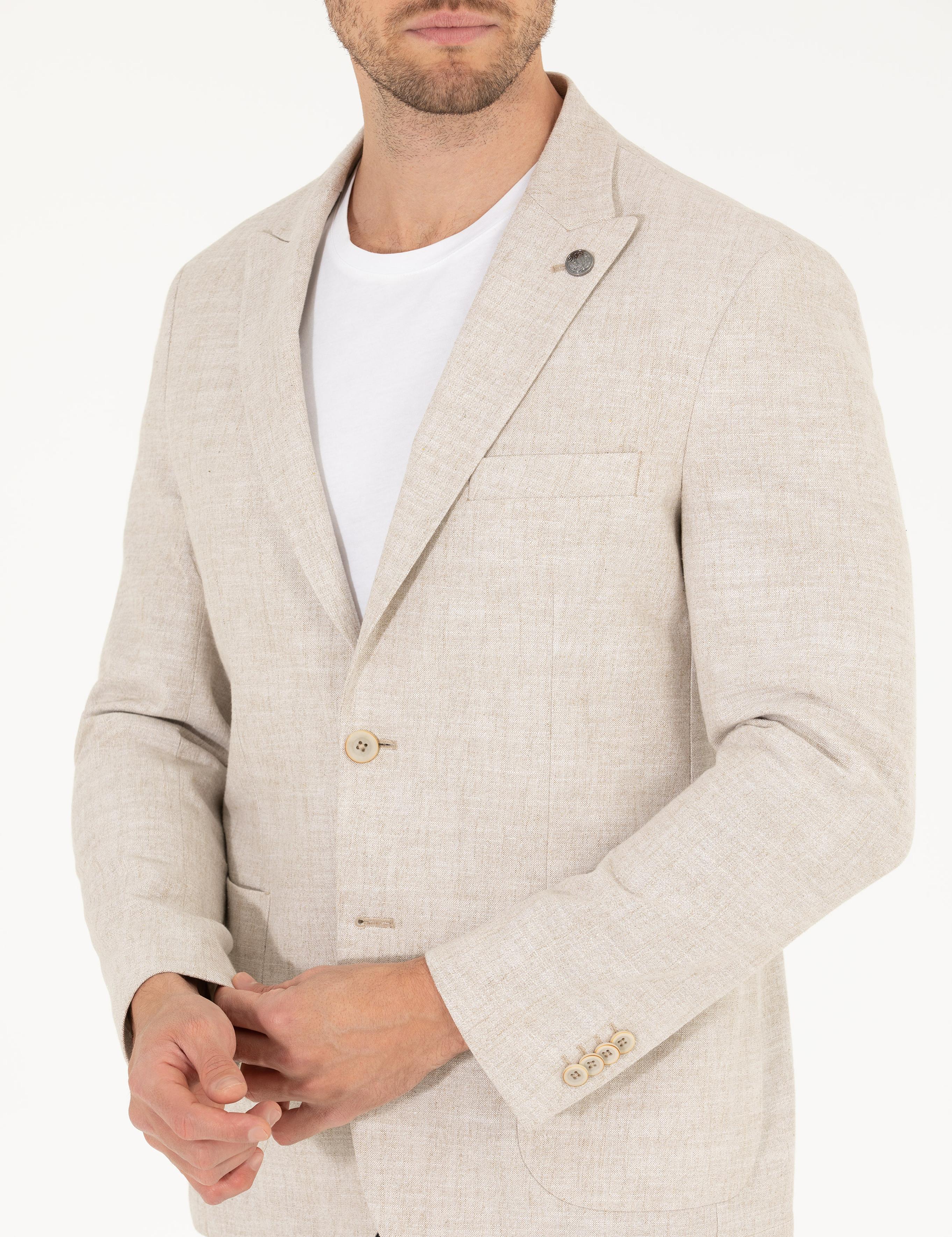 Bej Keten Karışımlı Spor Ceket